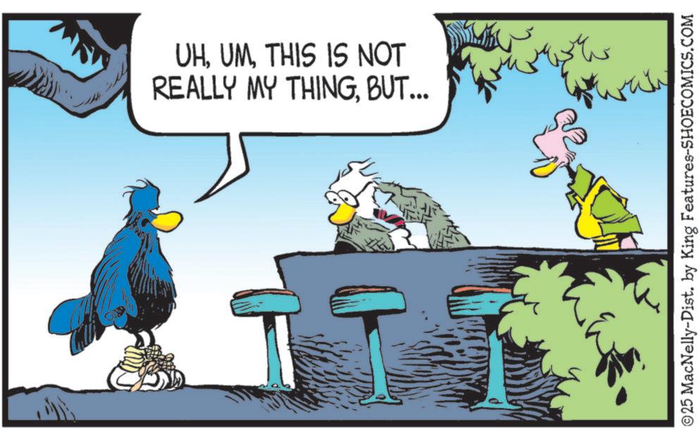 Feather OCR: UHTHIS IS NOT REALLY MY THINGBUT... wah © 25 MacNelly-Dist. by King Features-SHOECOMICS.COM UHTHIS IS NOT REALLY MY THINGBUT ... wah © 25 MacNelly - Dist . by King Features-SHOECOMICS.COM