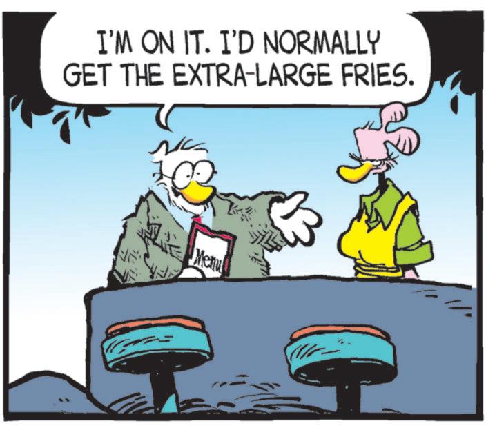Photo caption OCR: I'M ON IT. I'D NORMALLY GET THE EXTRA-LARGE FRIES. K Menu I'M ON IT . I'D NORMALLY GET THE EXTRA - LARGE FRIES . K Menu