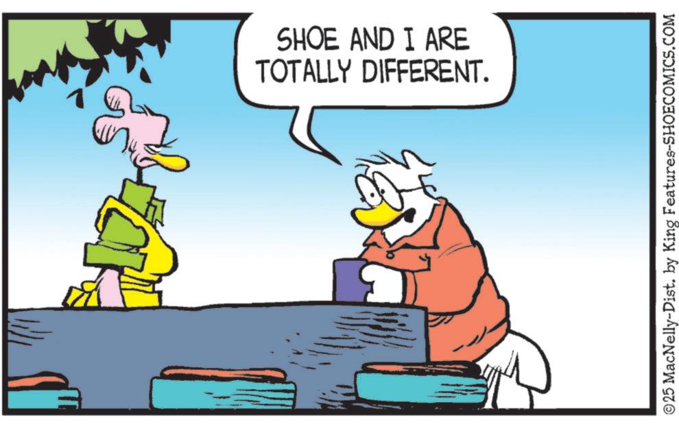 Graphics OCR: SHOE AND I ARE TOTALLY DIFFERENT. © 25 MacNelly-Dist. by King Features-SHOECOMICS.COM SHOE AND I ARE TOTALLY DIFFERENT . © 25 MacNelly - Dist . by King Features-SHOECOMICS.COM