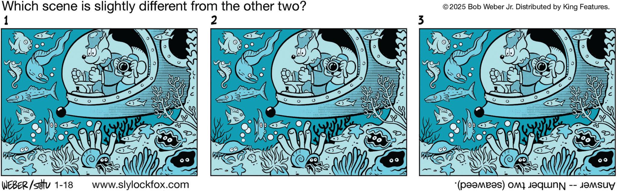 Fiction OCR: Which scene is slightly different from the other two? 1 2 3 2025 Bob Weber Jr. Distributed by King Features. ° WEBER /sotu 1-18 www.slylockfox.com O ° 0 C ° (?????) ?? ???? -- ?????? Which scene is slightly different from the other two ? 1 2 3 2025 Bob Weber Jr. Distributed by King Features . ° WEBER / sotu 1-18 www.slylockfox.com O ° 0 C ° ( ????? ) ?? ???? -- ??????