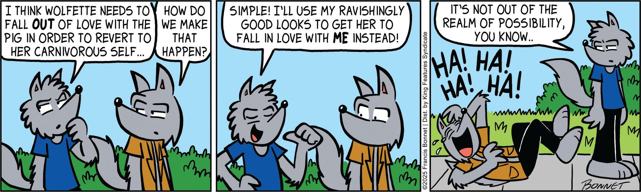 Art OCR: I THINK WOLFETTE NEEDS TOY HOW DO FALL OUT OF LOVE WITH THE WE MAKE PIG IN ORDER TO REVERT TO HER CARNIVOROUS SELF... THAT HAPPEN? SIMPLE! I'LL USE MY RAVISHINGLY GOOD LOOKS TO GET HER TO FALL IN LOVE WITH ME INSTEAD! mm ? ?? IT'S NOT OUT OF THE REALM OF POSSIBILITYYOU KNOW.. HA! HA! HA! HA! wwwwwww ©2025 Francis Bonnet | Dist. by King Features Syndicate M ? M M M BONNET I THINK WOLFETTE NEEDS TOY HOW DO FALL OUT OF LOVE WITH THE WE MAKE PIG IN ORDER TO REVERT TO HER CARNIVOROUS SELF ... THAT HAPPEN ? SIMPLE ! I'LL USE MY RAVISHINGLY GOOD LOOKS TO GET HER TO FALL IN LOVE WITH ME INSTEAD ! mm ? ?? IT'S NOT OUT OF THE REALM OF POSSIBILITYYOU KNOW .. HA ! HA ! HA ! HA ! wwwwwww © 2025 Francis Bonnet | Dist . by King Features Syndicate M ? M M M BONNET