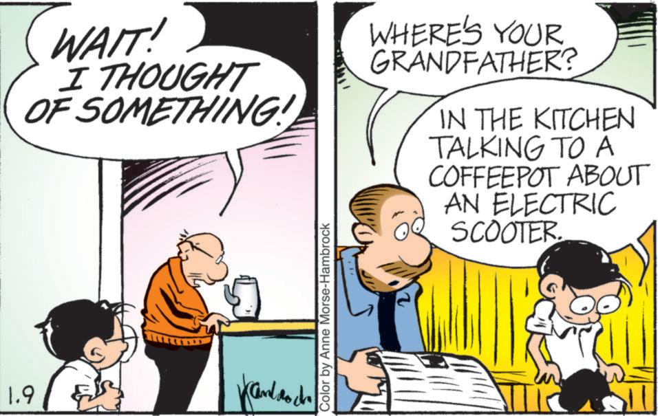 Animation OCR: WAIT! I THOUGHT OF SOMETHING! WHERE'S YOUR GRANDFATHER? IN THE KITCHEN TALKING TO A COFFEEPOT ABOUT AN ELECTRIC SCOOTER. 1.9 Kandroch Color by Anne Morse-Hambrock 11 WAIT ! I THOUGHT OF SOMETHING ! WHERE'S YOUR GRANDFATHER ? IN THE KITCHEN TALKING TO A COFFEEPOT ABOUT AN ELECTRIC SCOOTER . 1.9 Kandroch Color by Anne Morse - Hambrock 11