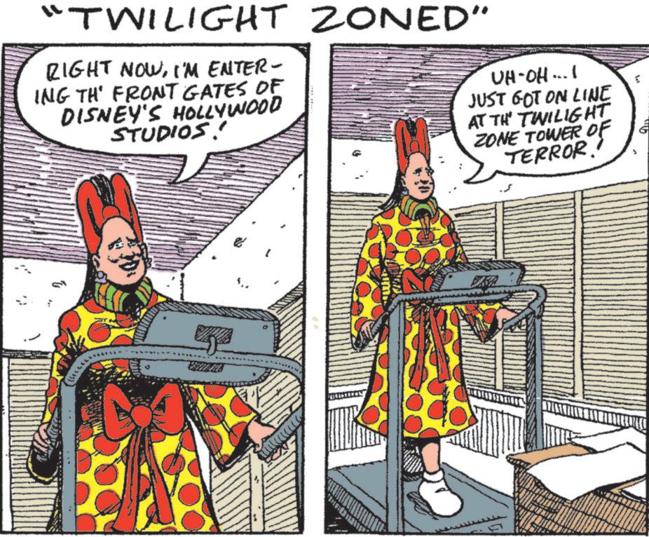 Publication OCR: "TWILIGHT ZONED” RIGHT NOWI'M ENTER- ING TH' FRONT GATES OF DISNEY'S HOLLYWOOD STUDIOS! UH-OH...I JUST GOT ON LINE AT THE TWILIGHT ZONE TOWER OF TERROR. " TWILIGHT ZONED ” RIGHT NOWI'M ENTER- ING TH ' FRONT GATES OF DISNEY'S HOLLYWOOD STUDIOS ! UH - OH ... I JUST GOT ON LINE AT THE TWILIGHT ZONE TOWER OF TERROR .