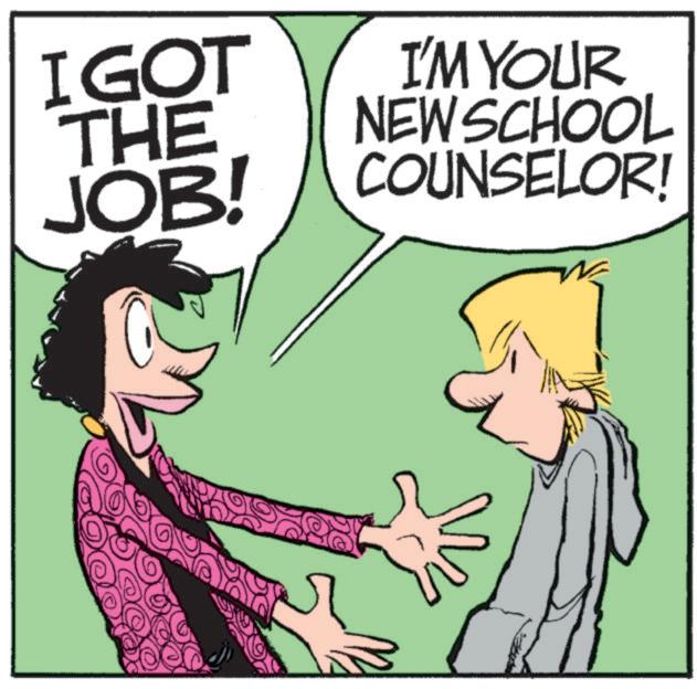 Photo caption OCR: I GOT THE JOB! I'M YOUR NEW SCHOOL COUNSELOR! I GOT THE JOB ! I'M YOUR NEW SCHOOL COUNSELOR !