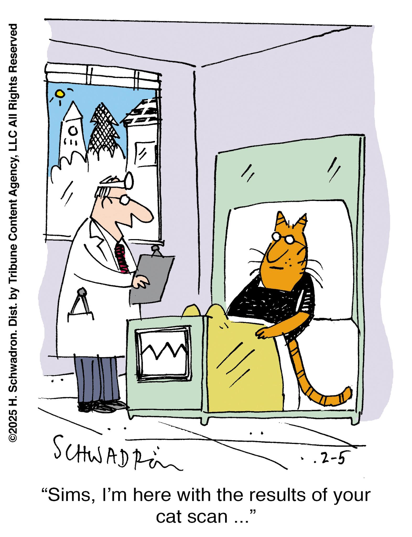 Tail OCR: ©2025 H. Schwadron. Dist. by Tribune Content AgencyLLC All Rights Reserved SCHWADRin .2-5 "SimsI'm here with the results of your cat scan..." STATE AA © 2025 H. Schwadron . Dist . by Tribune Content AgencyLLC All Rights Reserved SCHWADRin .2-5 " SimsI'm here with the results of your cat scan ... " STATE AA