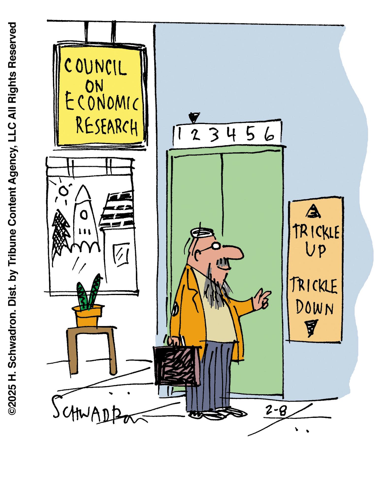 Fiction OCR: ©2025 H. Schwadron. Dist. by Tribune Content AgencyLLC All Rights Reserved COUNCIL ON ECONOMIC RESEARCH 111 23456 A TRICKLE UP TRICKLE DOWN SCHWADBO 2-8/ A © 2025 H. Schwadron . Dist . by Tribune Content AgencyLLC All Rights Reserved COUNCIL ON ECONOMIC RESEARCH 111 23456 A TRICKLE UP TRICKLE DOWN SCHWADBO 2-8 / A