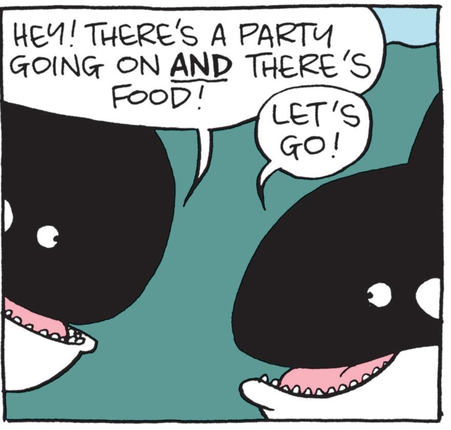 Fictional character OCR: HEY! THERE'S A PARTY GOING ON AND THERE'S FOOD! LET'S GO! HEY ! THERE'S A PARTY GOING ON AND THERE'S FOOD ! LET'S GO !