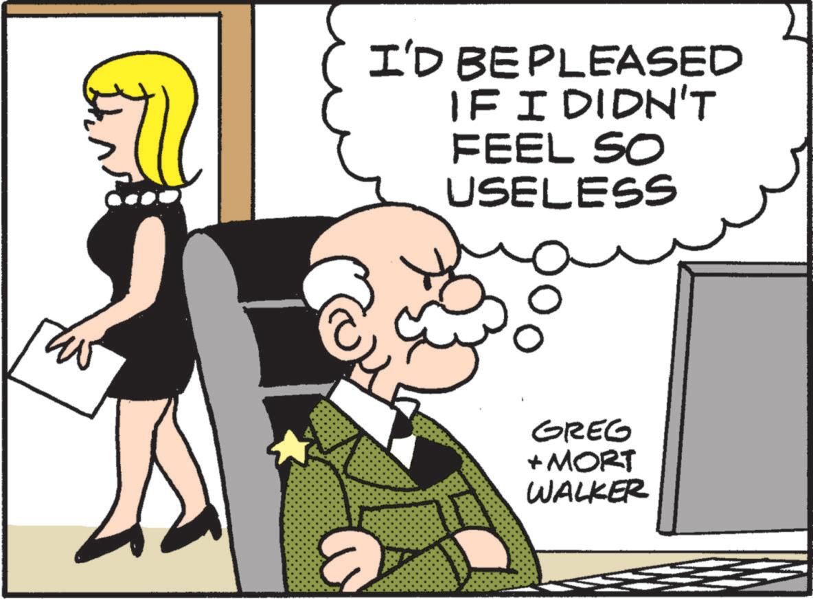 Fictional character OCR: I'D BE PLEASED IF I DIDN'T FEEL SO USELESS 0 GREG + MORT WALKER I'D BE PLEASED IF I DIDN'T FEEL SO USELESS 0 GREG + MORT WALKER