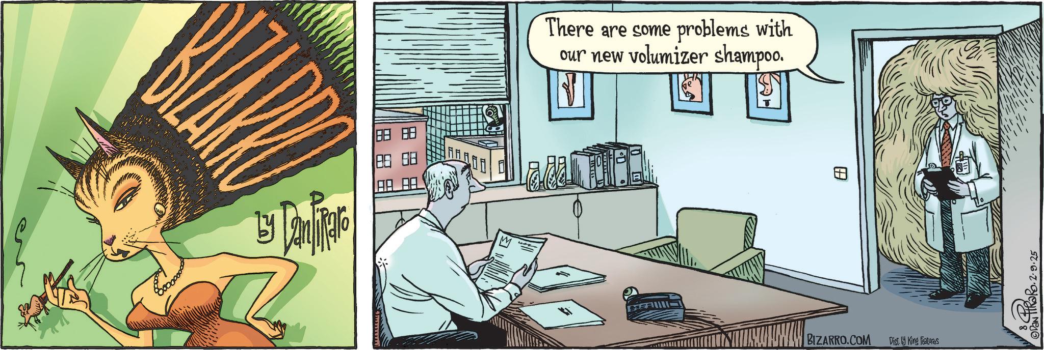 Graphic design OCR: ? by Dan tipico There are some problems with our new volumizer shampoo. ? UNWAY BIZARRO.COM Disty King Features ODAN TRORO.2.9.25 ? by Dan tipico There are some problems with our new volumizer shampoo . ? UNWAY BIZARRO.COM Disty King Features ODAN TRORO.2.9.25
