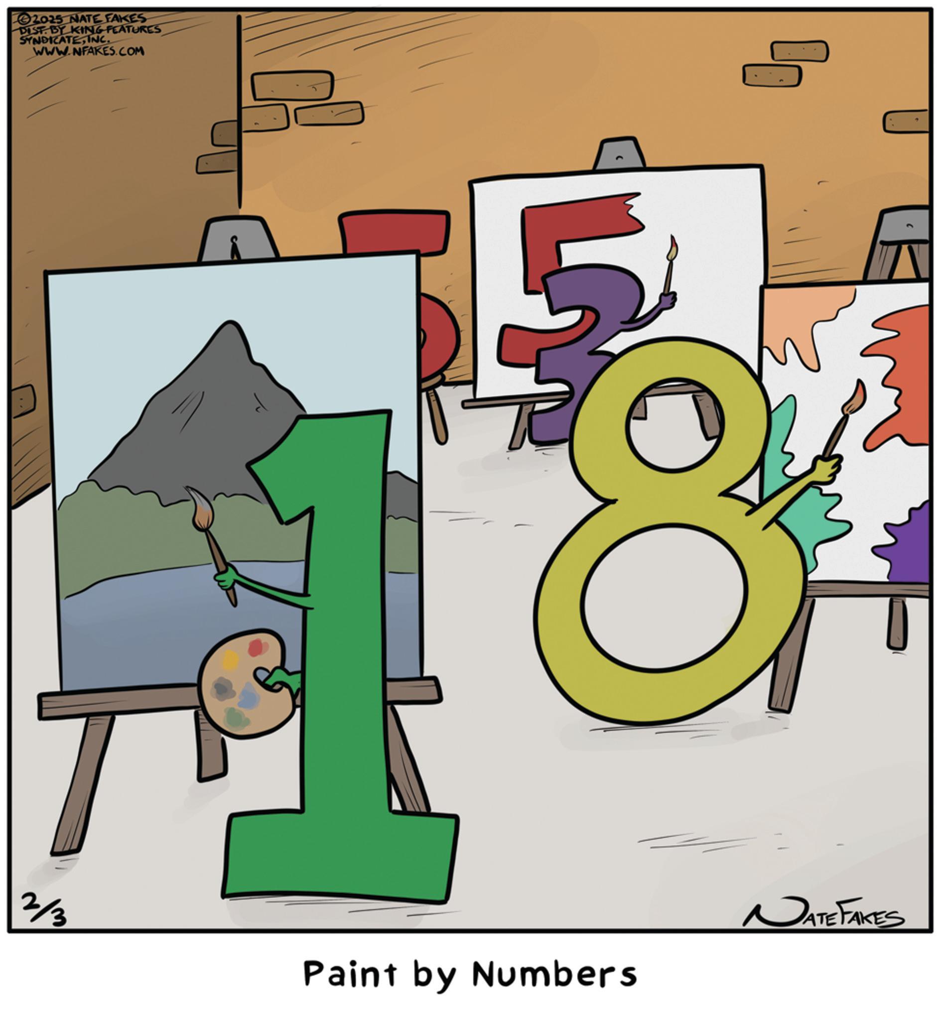 Clip art OCR: 2025 NATE FAKES DIST. BY KING FEATURES SYNDICATEINC. WWW.NFAKES.COM of 2/3 Paint by Numbers NATE FAKES 2025 NATE FAKES DIST . BY KING FEATURES SYNDICATEINC . WWW.NFAKES.COM of 2/3 Paint by Numbers NATE FAKES