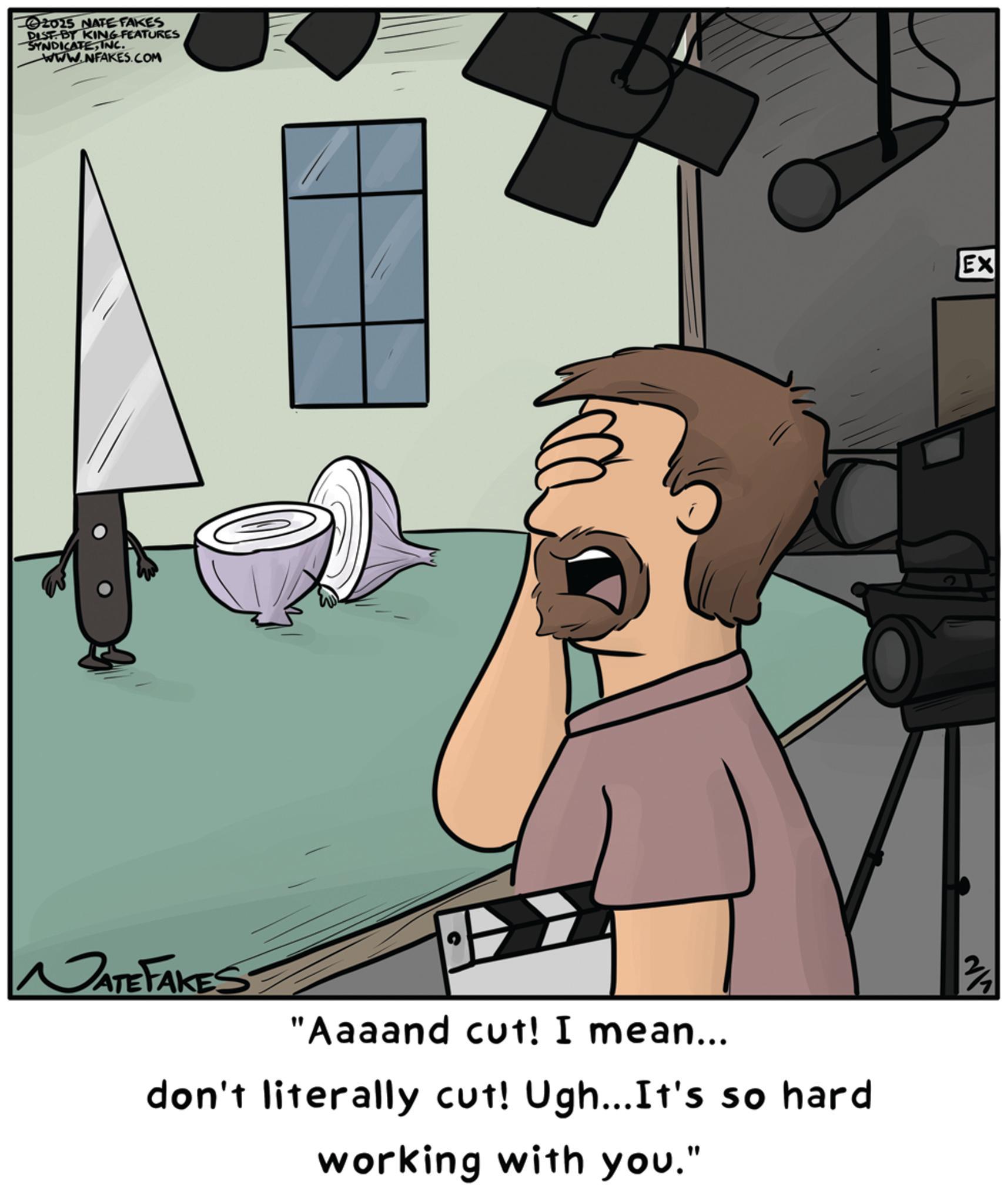 Animated cartoon OCR: 2015 NATE FAKES DIST. BY KING FEATURES SYNDICATEINC. www.NFAKES.COM NATE FAKES "Aaaand cut! I mean... don't literally cut! Ugh... It's so hard working with you." EX 3/7 2015 NATE FAKES DIST . BY KING FEATURES SYNDICATEINC . www.NFAKES.COM NATE FAKES " Aaaand cut ! I mean ... don't literally cut ! Ugh ... It's so hard working with you . " EX 3/7