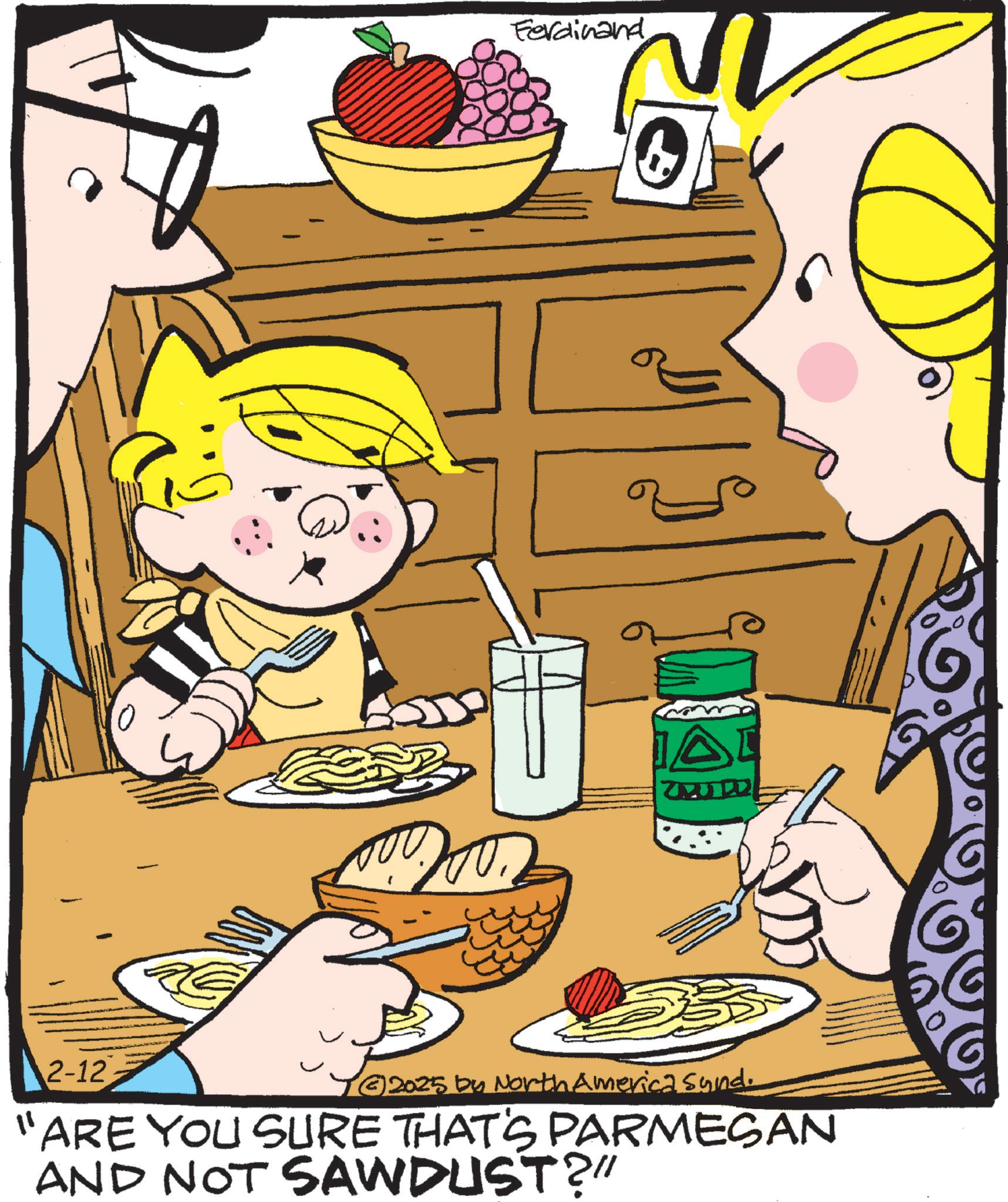 Junk food OCR: 2-12 Ferdinand ??? ©2025 by North America Sund. "ARE YOU SURE THAT'S PARMESAN AND NOT SAWDUST?" 2-12 Ferdinand ??? © 2025 by North America Sund . " ARE YOU SURE THAT'S PARMESAN AND NOT SAWDUST ? "