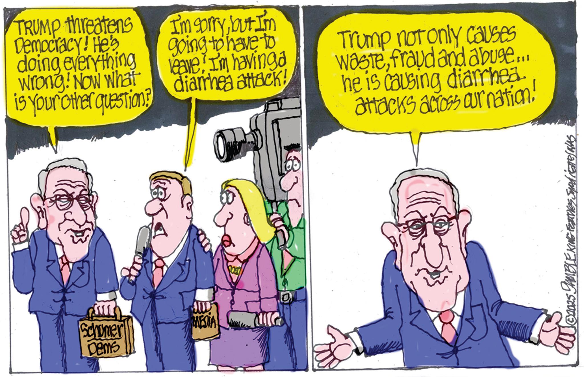 Comics OCR: TRUMP threatens Democracy! He's doing everything Wrong! Now What is your other question? I'm sorrybut I'm going to have to leaveI'm having a diarrhea attack! Trump not only causes wastefraud and abuse.... he is causing diarrhea. attacks across our nation! Schoner Dems MESIA G 0 102025 SAMBLE KING Fees Smodiste NAS TRUMP threatens Democracy ! He's doing everything Wrong ! Now What is your other question ? I'm sorrybut I'm going to have to leaveI'm having a diarrhea attack ! Trump not only causes wastefraud and abuse .... he is causing diarrhea . attacks across our nation ! Schoner Dems MESIA G 0 102025 SAMBLE KING Fees Smodiste NAS