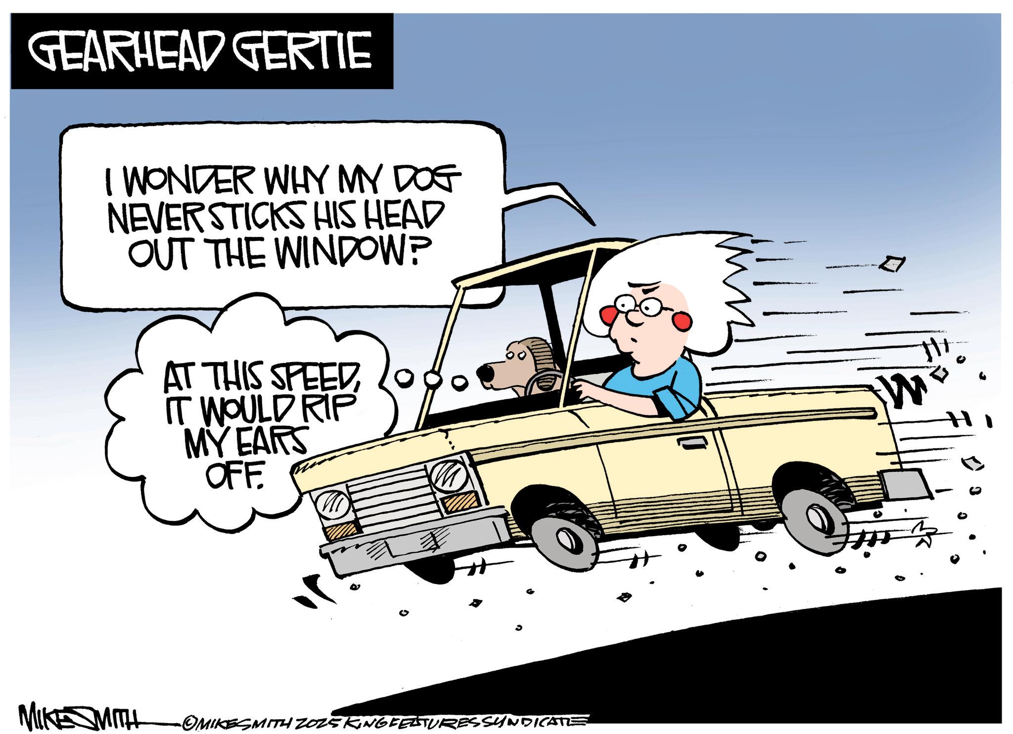 Animated cartoon OCR: GEARHEAD GERTIE I WONDER WHY MY DOG NEVER STICKS HIS HEAD OUT THE WINDOW? AT THIS SPEEDIT WOULD RIP MY EARS OFF. 0 MIKE MITH OMIKESMITH ZOZ5KING FEATURESSYNDICATE GEARHEAD GERTIE I WONDER WHY MY DOG NEVER STICKS HIS HEAD OUT THE WINDOW ? AT THIS SPEEDIT WOULD RIP MY EARS OFF . 0 MIKE MITH OMIKESMITH ZOZ5KING FEATURESSYNDICATE