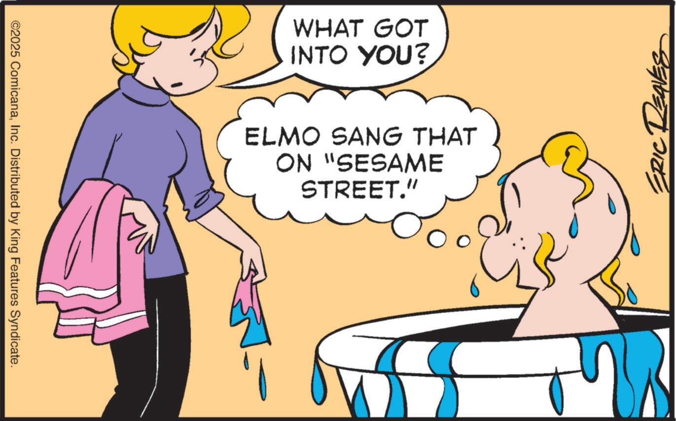 Clip art OCR: ©2025 ComicanaInc. Distributed by King Features Syndicate. WHAT GOT INTO YOU? ELMO SANG THAT ON "SESAME STREET." ERIC DEA © 2025 ComicanaInc. Distributed by King Features Syndicate . WHAT GOT INTO YOU ? ELMO SANG THAT ON " SESAME STREET . " ERIC DEA