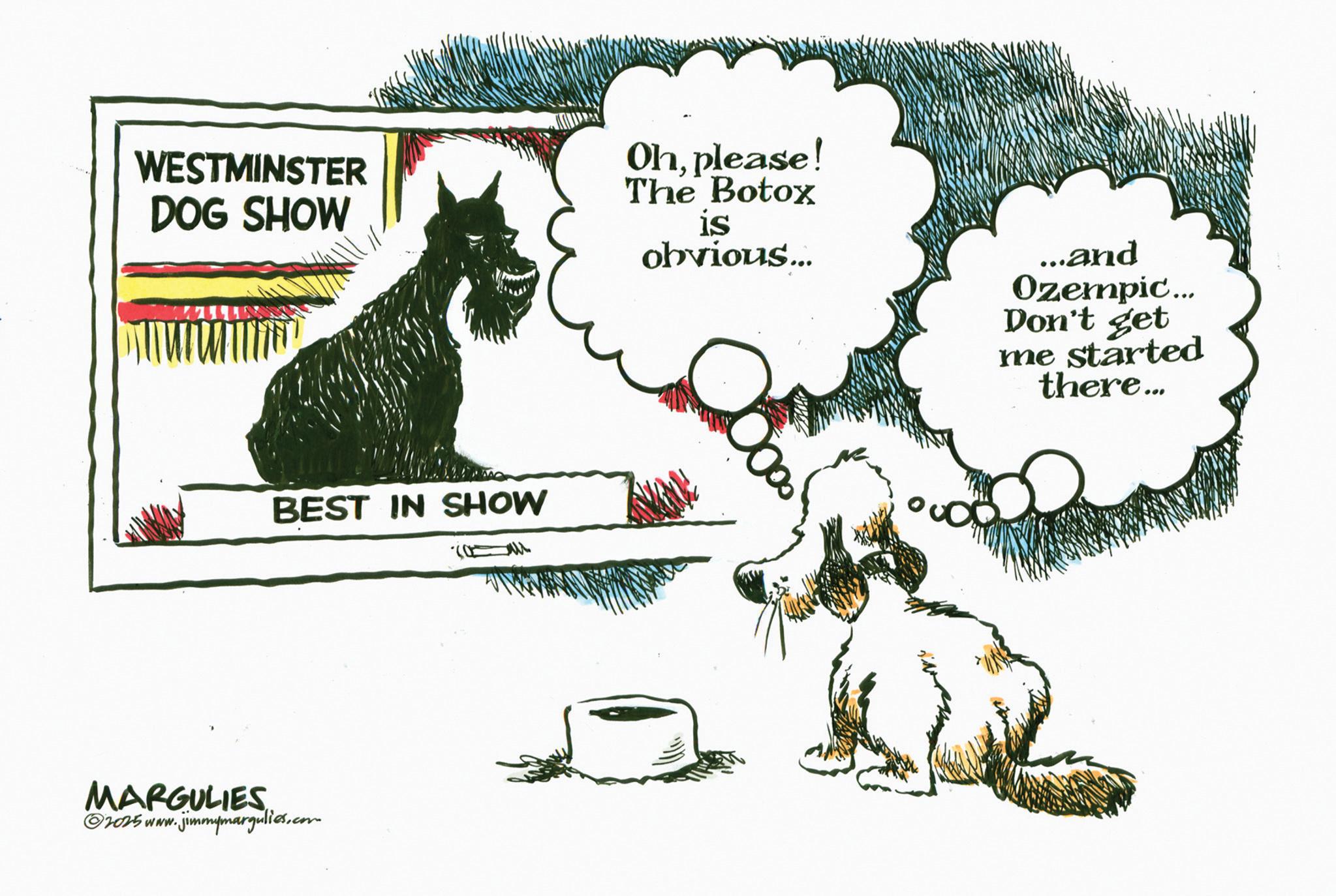 Graphics OCR: WESTMINSTER DOG SHOW Ohplease! The Botox is obvious... BEST IN SHOW MARGULIES ©2025 www.jimmymargulies.com ...and Ozempic... Don't get me started there... WESTMINSTER DOG SHOW Ohplease ! The Botox is obvious ... BEST IN SHOW MARGULIES © 2025 www.jimmymargulies.com ... and Ozempic ... Don't get me started there ...
