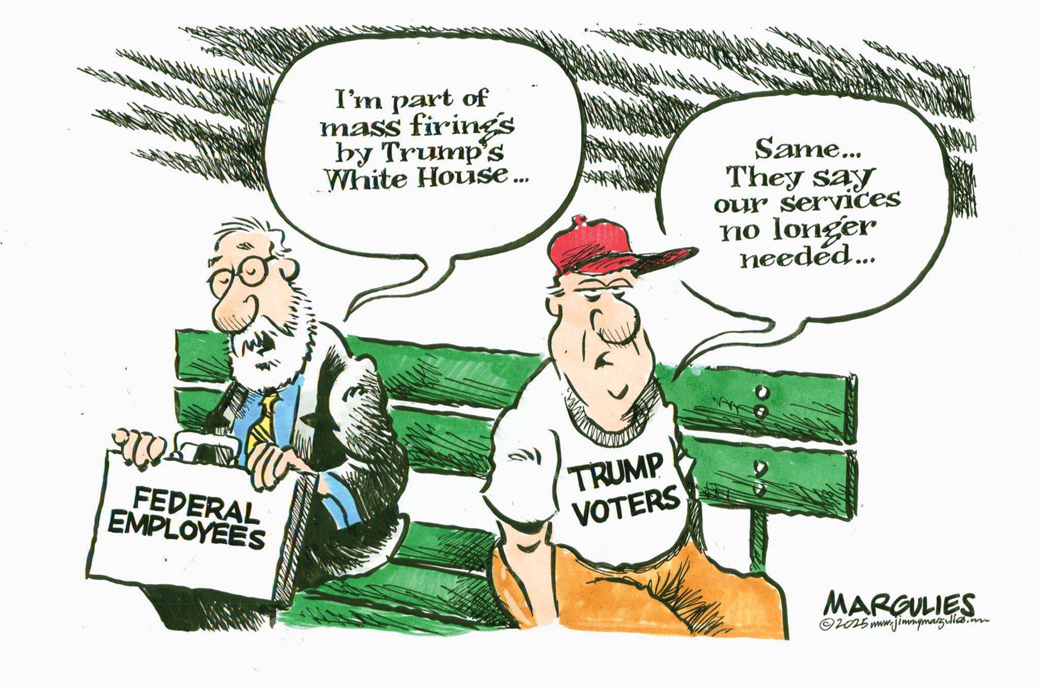 Handwriting OCR: I'm part of mass firings by Trump's White House... Same... They say our services no longer needed... 2000 FEDERAL EMPLOYEES TRUMP VOTERS MARGULIES ©2025 www.jimmymargullco.m I'm part of mass firings by Trump's White House ... Same ... They say our services no longer needed ... 2000 FEDERAL EMPLOYEES TRUMP VOTERS MARGULIES © 2025 www.jimmymargullco.m