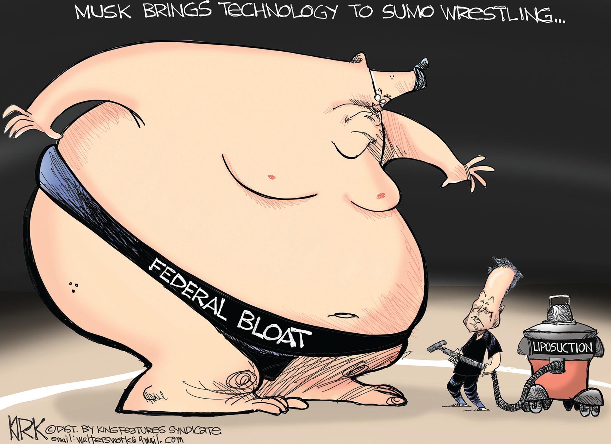 Photo caption OCR: MUSK BRINGS TECHNOLOGY TO SUMO WRESTLING... FEDERAL BLOAT KIRK ODIST. BY KING FEATURES SYNDICATE email: Walterswork6gmail.com RA 42 LIPOSUCTION MUSK BRINGS TECHNOLOGY TO SUMO WRESTLING ... FEDERAL BLOAT KIRK ODIST . BY KING FEATURES SYNDICATE email : Walterswork6gmail.com RA 42 LIPOSUCTION