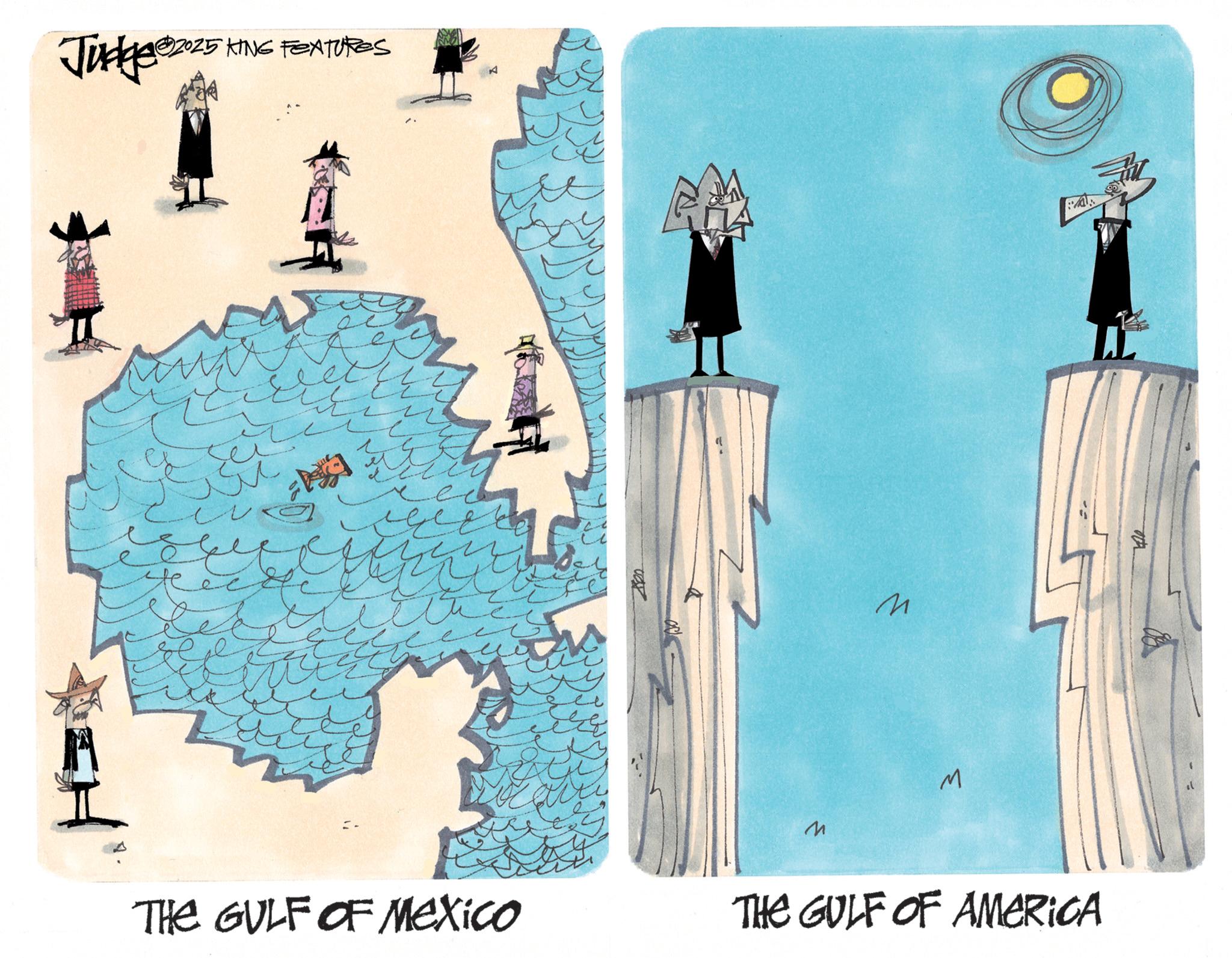 Animated cartoon OCR: 2025 KING FEATURES Judge ?2025 e THE GULF OF Mexico M 3 M THE GULF OF AMERICA A 2025 KING FEATURES Judge ?2025 e THE GULF OF Mexico M 3 M THE GULF OF AMERICA A