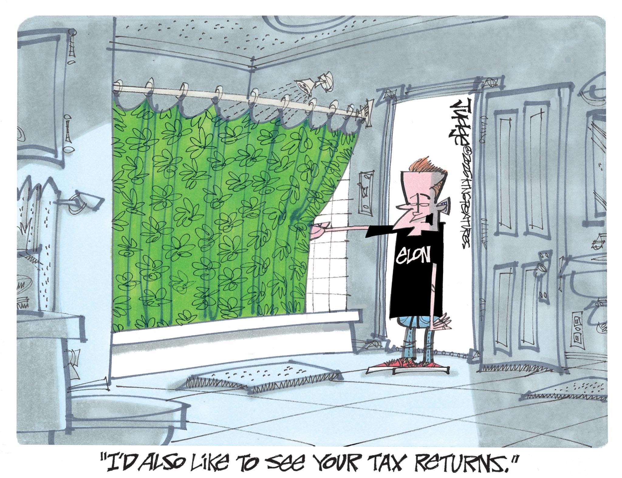 Sketch OCR: M wall ?? ? Tam m CLON "I'D ALSO LIKE TO SEE YOUR TAX RETURNS." Judge @2025 KING FEATURES ?? M wall ?? ? Tam m CLON " I'D ALSO LIKE TO SEE YOUR TAX RETURNS . " Judge @ 2025 KING FEATURES ??