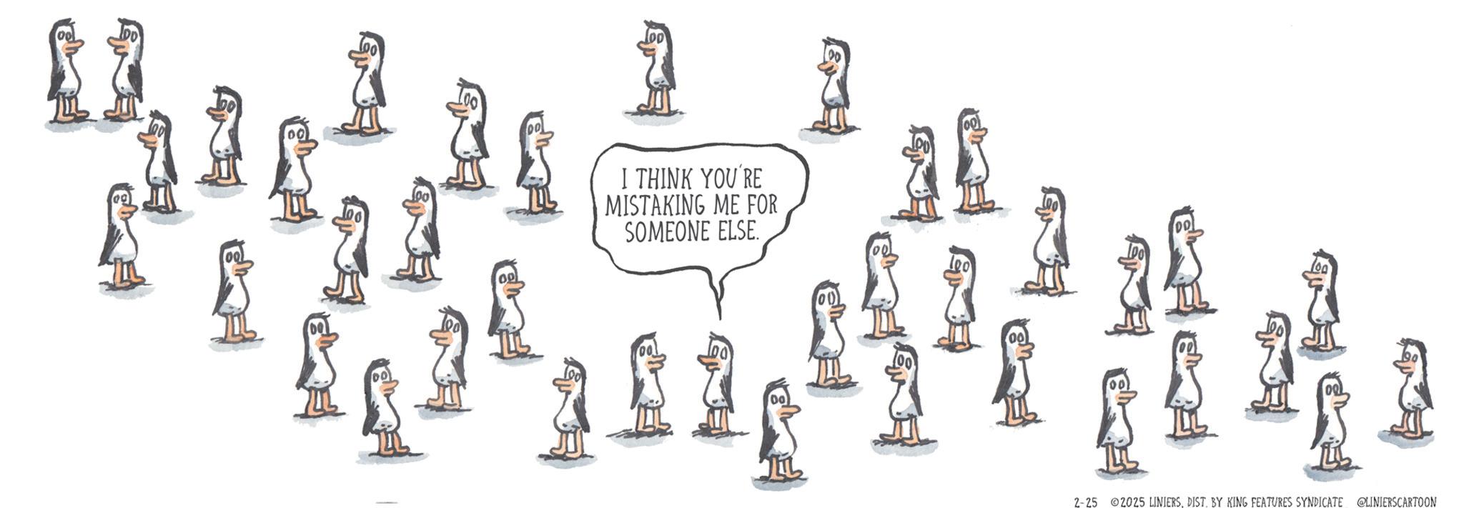 Graphics OCR: 1 1 I THINK YOU'RE MISTAKING ME FOR SOMEONE ELSE. DD 2-25 2025 LINIERSDIST. BY KING FEATURES SYNDICATE @LINIERS CARTOON 1 1 I THINK YOU'RE MISTAKING ME FOR SOMEONE ELSE . DD 2-25 2025 LINIERSDIST . BY KING FEATURES SYNDICATE @LINIERS CARTOON
