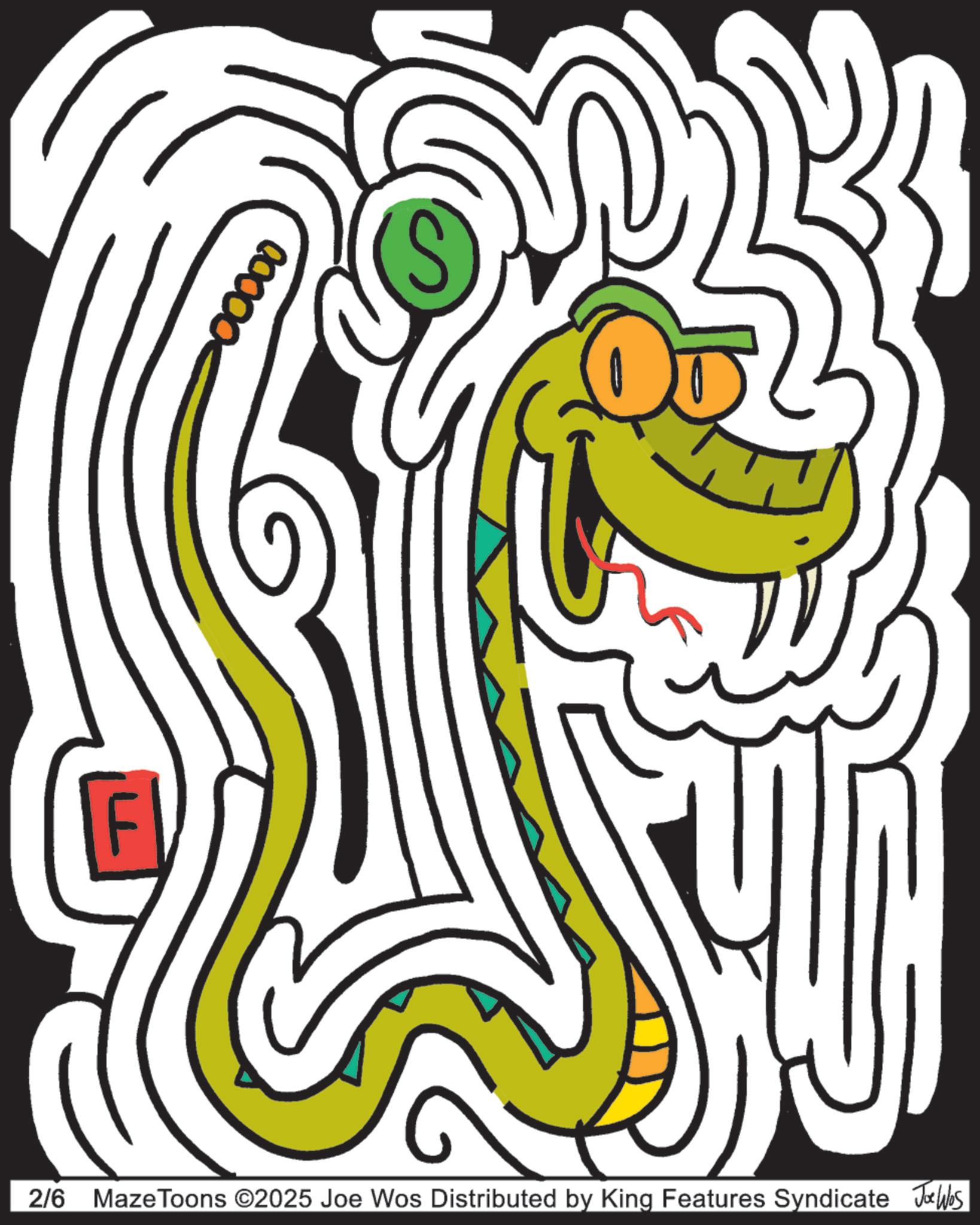 Graphic design OCR: FI 00000 2/6 Maze Toons ©2025 Joe Wos Distributed by King Features Syndicate Jobs FI 00000 2/6 Maze Toons © 2025 Joe Wos Distributed by King Features Syndicate Jobs