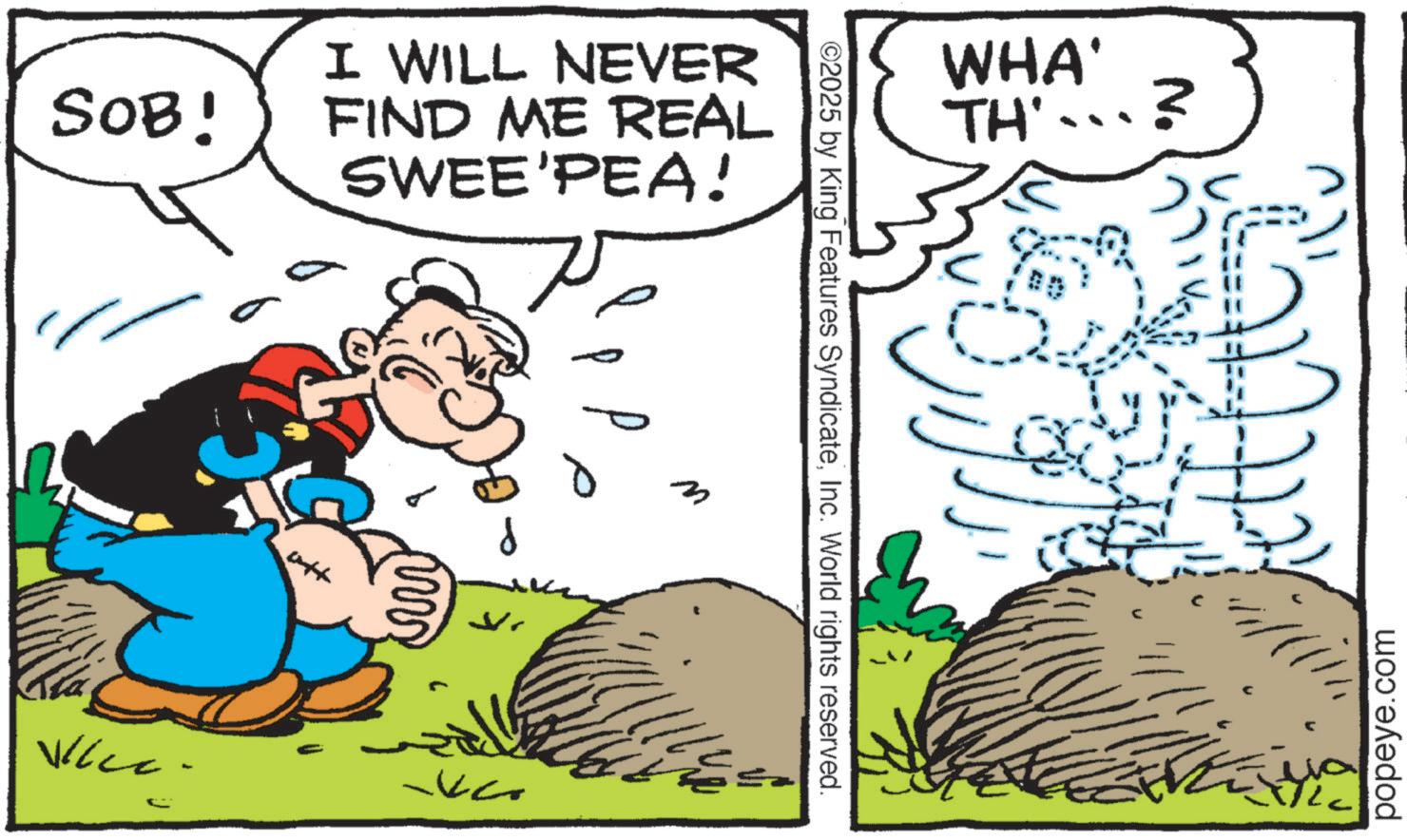 Comic book OCR: SOB! I WILL NEVER FIND ME REAL SWEE'PEA! P P ?? ©2025 by King Features SyndicateInc. World rights reserved. WHA' TH' ? popeye.com ketti SOB ! I WILL NEVER FIND ME REAL SWEE'PEA ! P P ?? © 2025 by King Features SyndicateInc. World rights reserved . WHA ' TH ' ? popeye.com ketti