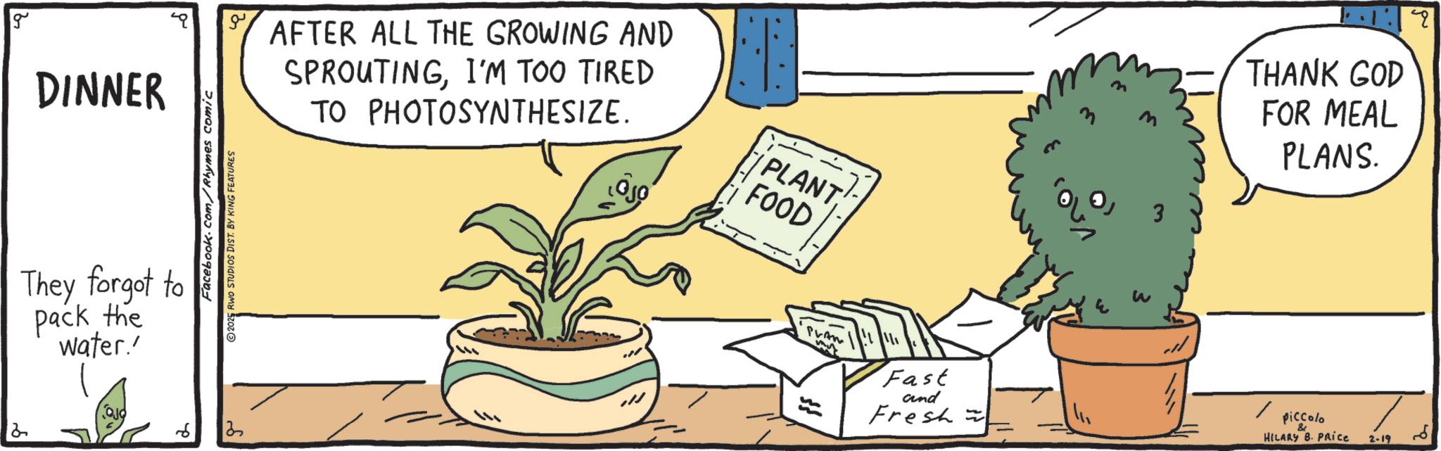 Handwriting OCR: 2 g DINNER They forgot to pack the water.' ??? Facebook.com/Rhymes comic 2025 RWO STUDIOS DIST. BY KING FEATURES 13 AFTER ALL THE GROWING AND SPROUTINGI'M TOO TIRED TO PHOTOSYNTHESIZE. 3 PLANT FOOD w Fast and Fresh THANK GOD FOR MEAL PLANS. piccolo & HILARY B. PRIce 2-19 ? 2 g DINNER They forgot to pack the water . ' ??? Facebook.com/Rhymes comic 2025 RWO STUDIOS DIST . BY KING FEATURES 13 AFTER ALL THE GROWING AND SPROUTINGI'M TOO TIRED TO PHOTOSYNTHESIZE . 3 PLANT FOOD w Fast and Fresh THANK GOD FOR MEAL PLANS . piccolo & HILARY B. PRIce 2-19 ?