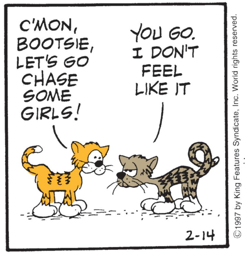 Carnivores OCR: C'MONLET'S GO CHASE SOME GIRLS! YOU GO. I DON'T FEEL LIKE IT 2-14 ©1997 by King Features SyndicateInc. World rights reserved. C'MONLET'S GO CHASE SOME GIRLS ! YOU GO . I DON'T FEEL LIKE IT 2-14 © 1997 by King Features SyndicateInc. World rights reserved .
