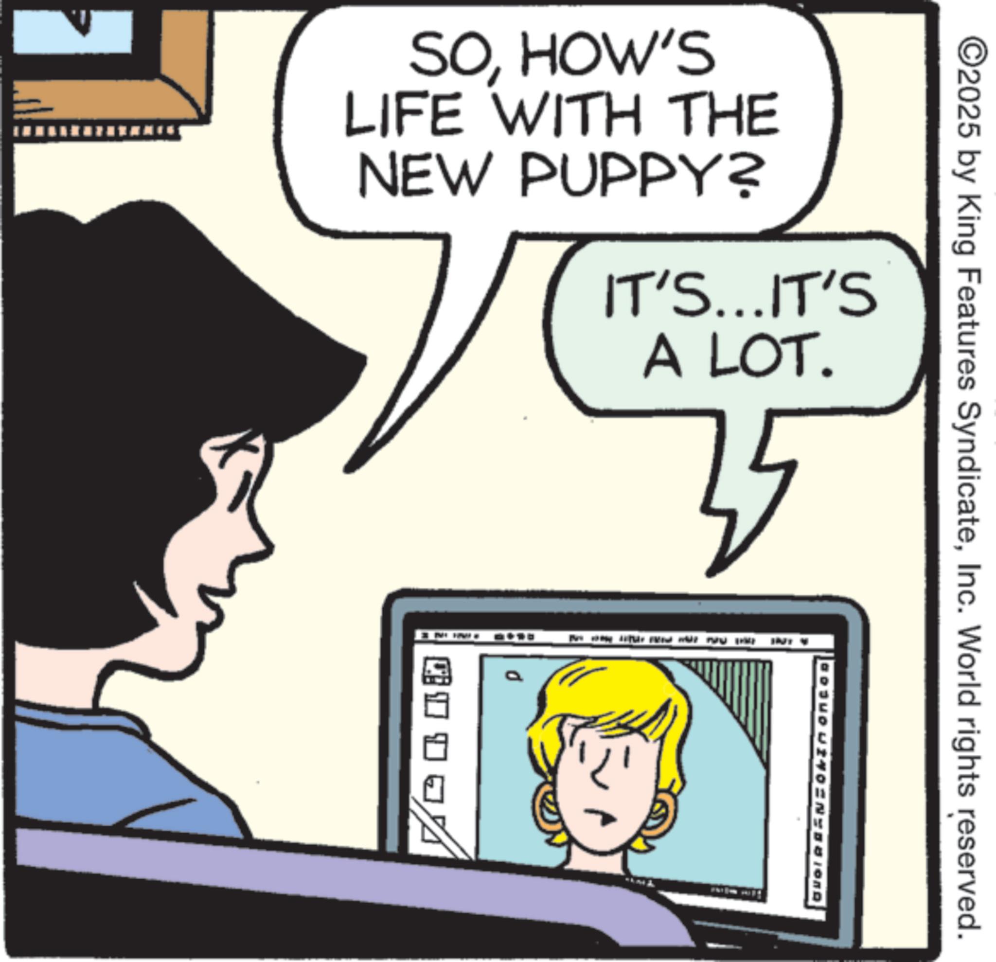 Photo caption OCR: SOHOW'S LIFE WITH THE NEW PUPPY? IT'S...IT'S A LOT. 35 DUGIADEN=OLINOnce ©2025 by King Features SyndicateInc. World rights reserved. SOHOW'S LIFE WITH THE NEW PUPPY ? IT'S ... IT'S A LOT . 35 DUGIADEN = OLINOnce © 2025 by King Features SyndicateInc. World rights reserved .