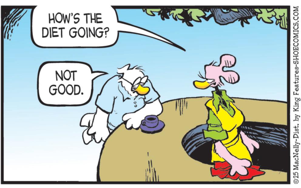 Comic book OCR: HOW'S THE DIET GOING? NOT GOOD. ©25 MacNelly-Dist. by King Features-SHOECOMICS.COM HOW'S THE DIET GOING ? NOT GOOD . © 25 MacNelly - Dist . by King Features-SHOECOMICS.COM