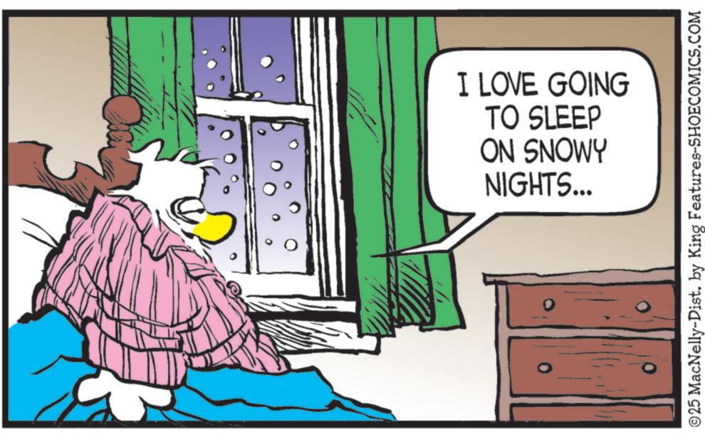 Publication OCR: I LOVE GOING TO SLEEP ON SNOWY NIGHTS... ©25 MacNelly-Dist. by King Features-SHOECOMICS.COM I LOVE GOING TO SLEEP ON SNOWY NIGHTS ... © 25 MacNelly - Dist . by King Features-SHOECOMICS.COM