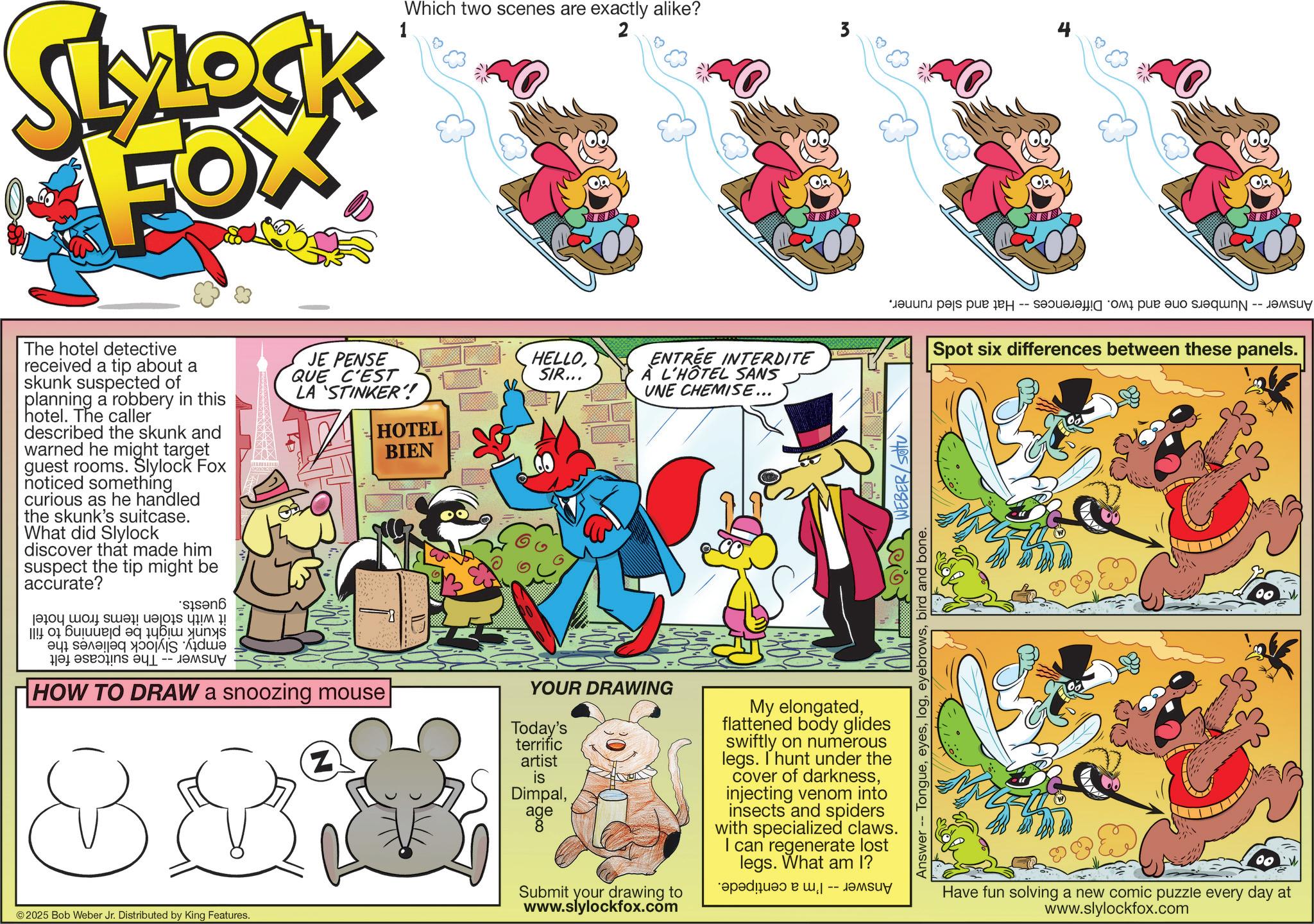 Pleased OCR: SLYLOCK FOX Which two scenes are exactly alike? 1 2 3 The hotel detective received a tip about a skunk suspected of planning a robbery in this hotel. The caller described the skunk and warned he might target guest rooms. Slylock Fox noticed something curious as he handled the skunk's suitcase. What did Slylock discover that made him suspect the tip might be accurate? * |??? ??? ???! ??|?is qi! ! JE PENSE QUE C'EST LA 'STINKER! HOTEL BIEN a b -- ????? HOW TO DRAW a snoozing mouse © 2025 Bob Weber Jr. Distributed by King Features. Z HELLOSIR... ENTREE INTERDITE À L'HÔTEL SANS UNE CHEMISE... -- a pas para o per a qnN -- Spot six differences between these panels. Answer Tonguebird and bone. WEBER/Stu YOUR DRAWING Today's terrific artist is Dimpalage Submit your drawing to www.slylockfox.com My elongatedflattened body glides swiftly on numerous legs. I hunt under the cover of darknessinjecting venom into insects and spiders with specialized claws. I can regenerate lost legs. What am I? a b |-- - ????? 00 Have fun solving a new comic puzzle every day at www.slylockfox.com SLYLOCK FOX Which two scenes are exactly alike ? 1 2 3 The hotel detective received a tip about a skunk suspected of planning a robbery in this hotel . The caller described the skunk and warned he might target guest rooms . Slylock Fox noticed something curious as he handled the skunk's suitcase . What did Slylock discover that made him suspect the tip might be accurate ? * | ??? ??? ??? ! ?? | ? is qi ! ! JE PENSE QUE C'EST LA ' STINKER ! HOTEL BIEN a b -- ????? HOW TO DRAW a snoozing mouse © 2025 Bob Weber Jr. Distributed by King Features . Z HELLOSIR ... ENTREE INTERDITE À L'HÔTEL SANS UNE CHEMISE ... -- a pas para o per a qnN -- Spot six differences between these panels . Answer Tonguebird and bone . WEBER / Stu YOUR DRAWING Today's terrific artist is Dimpalage Submit your drawing to www.slylockfox.com My elongatedflattened body glides swiftly on numerous legs . I hunt under the cover of darknessinjecting venom into insects and spiders with specialized claws . I can regenerate lost legs . What am I ? a b | -- - ????? 00 Have fun solving a new comic puzzle every day at www.slylockfox.com