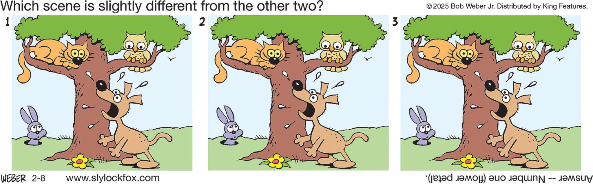 Fictional character OCR: Which scene is slightly different from the other two? ©2025 Bob Weber Jr. Distributed by King Features. 1 2 3 WEBER 2-8 www.slylockfox.com Which scene is slightly different from the other two ? © 2025 Bob Weber Jr. Distributed by King Features . 1 2 3 WEBER 2-8 www.slylockfox.com