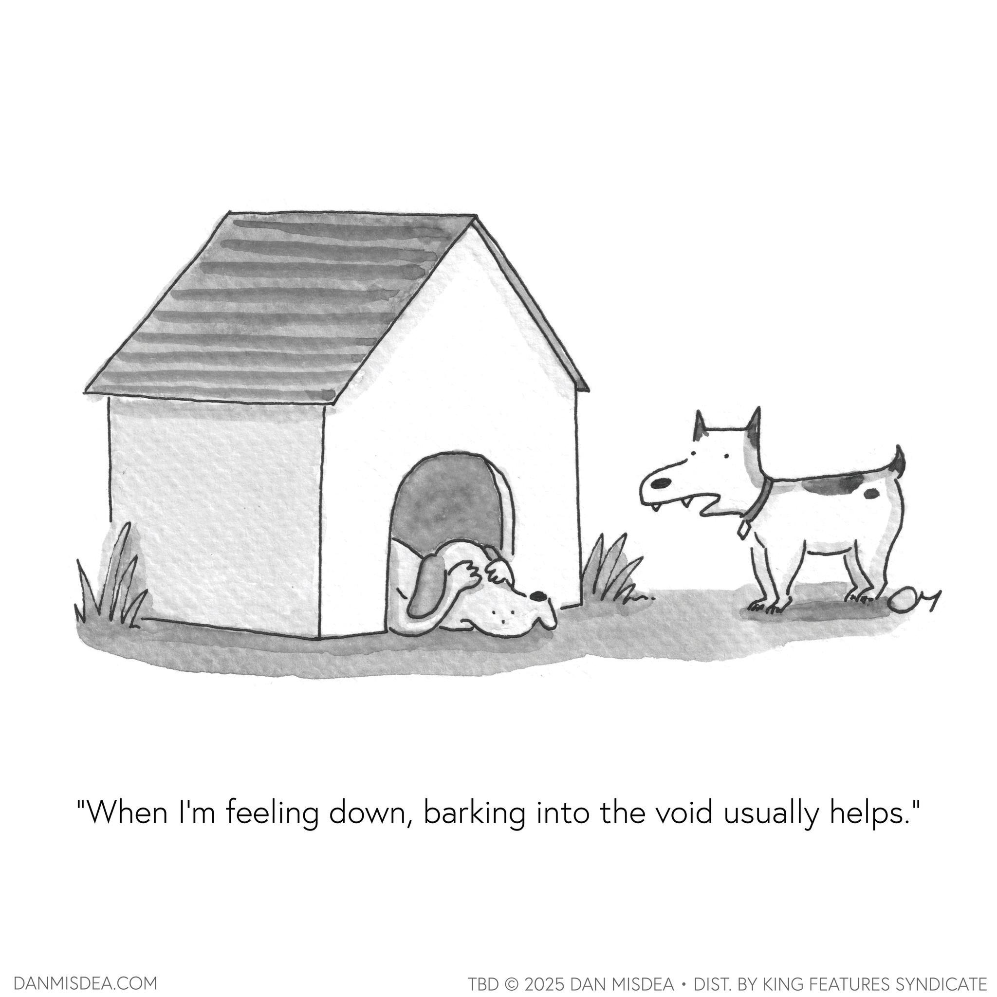 Working animal OCR: "When I'm feeling downbarking into the void usually helps." DANMISDEA.COM TBD 2025 DAN MISDEA • DIST. BY KING FEATURES SYNDICATE " When I'm feeling downbarking into the void usually helps . " DANMISDEA.COM TBD 2025 DAN MISDEA • DIST . BY KING FEATURES SYNDICATE