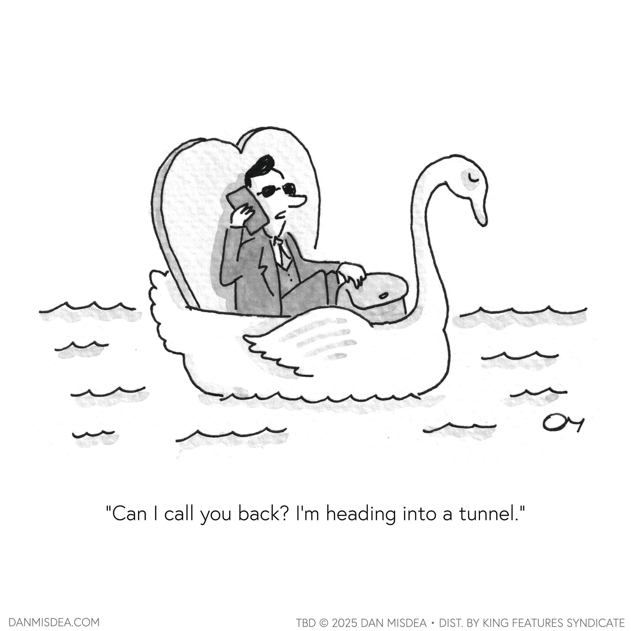 Bird OCR: ? DANMISDEA.COM "Can I call you back? I'm heading into a tunnel." 04 TBD 2025 DAN MISDEA • DIST. BY KING FEATURES SYNDICATE ? DANMISDEA.COM " Can I call you back ? I'm heading into a tunnel . " 04 TBD 2025 DAN MISDEA • DIST . BY KING FEATURES SYNDICATE