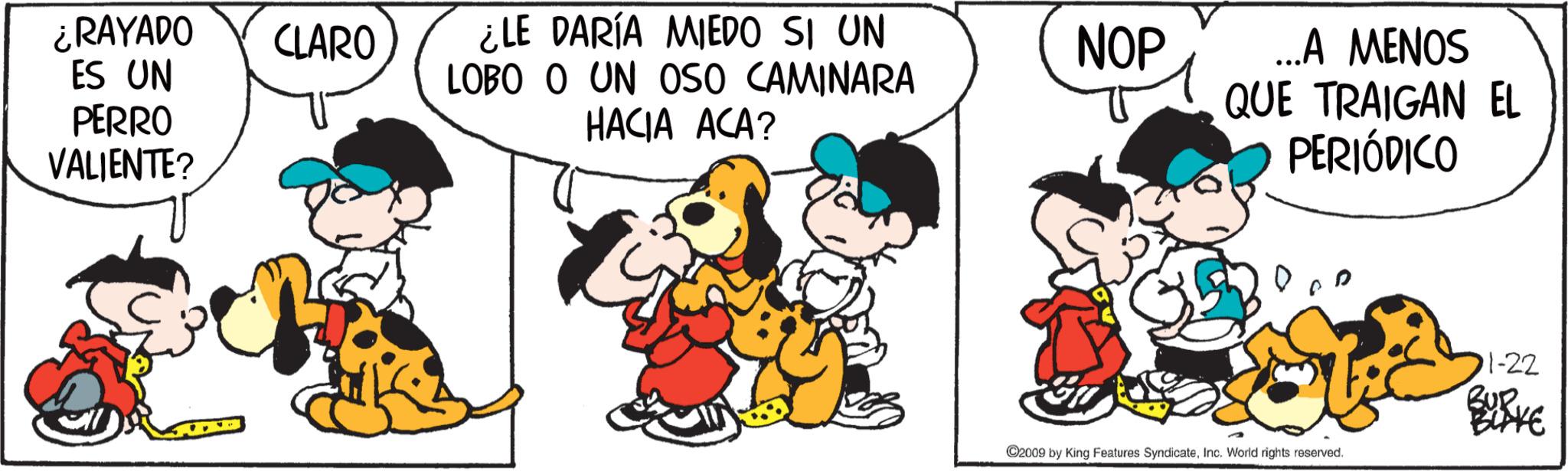 Conversation OCR: ¿RAYADO ES UN PERRO VALIENTE? CLARO ¿LE DARÍA MIEDO SI UN LOBO O UN OSO CAMINARA HACIA ACA? NOP _. A MENOS QUE TRAIGAN EL PERIÓDICO ©2009 by King Features SyndicateInc. World rights reserved. 01-22 BURKE ¿ RAYADO ES UN PERRO VALIENTE ? CLARO ¿ LE DARÍA MIEDO SI UN LOBO O UN OSO CAMINARA HACIA ACA ? NOP _ . A MENOS QUE TRAIGAN EL PERIÓDICO © 2009 by King Features SyndicateInc. World rights reserved . 01-22 BURKE