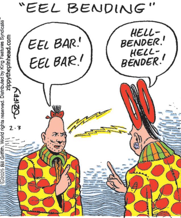 OCR: 2025 Bill Griffith. World rights reserved. Distributed by King Features Syndicate 2.3 zippythepinhead.com GRIFFY 2 "EEL BENDING" EEL BAR! EEL BAR! HELL- BENDER. BENDER!! HELL- 2025 Bill Griffith . World rights reserved . Distributed by King Features Syndicate 2.3 zippythepinhead.com GRIFFY 2 " EEL BENDING " EEL BAR ! EEL BAR ! HELL- BENDER . BENDER !! HELL-