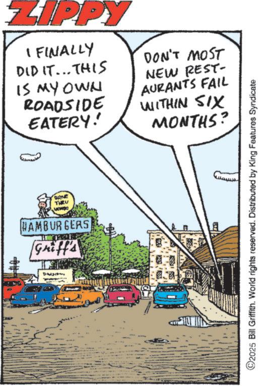 Animation OCR: ## ZIPPY I FINALLY DID IT... THIS IS MY OWN ROADSIDE EATERY! DON'T MOST NEW REST- AURANTS FAIL WITHIN SIX MONTHS? GANE THEU HAMBURGERS Griff's ©2025 Bill Griffith. World rights reserved. Distributed by King Features Syndicate ## ZIPPY I FINALLY DID IT ... THIS IS MY OWN ROADSIDE EATERY ! DON'T MOST NEW REST- AURANTS FAIL WITHIN SIX MONTHS ? GANE THEU HAMBURGERS Griff's © 2025 Bill Griffith . World rights reserved . Distributed by King Features Syndicate