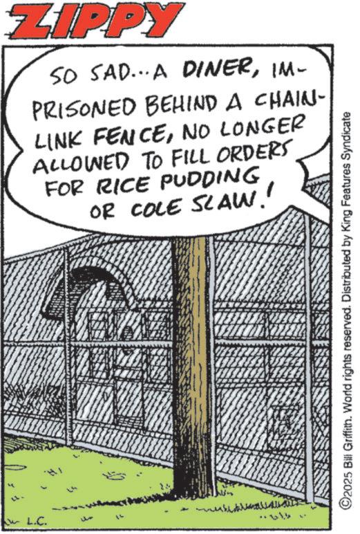 Comic book OCR: L.C. ZIPPY SO SAD...A DINERIM- PRISONED BEHIND A CHAIN- LINK FENCENO LONGER ALLOWED TO FILL ORDERS FOR RICE PUDDING OR COLE SLAW! ©2025 Bill Griffith. World rights reserved. Distributed by King Features Syndicate L.C. ZIPPY SO SAD ... A DINERIM- PRISONED BEHIND A CHAIN- LINK FENCENO LONGER ALLOWED TO FILL ORDERS FOR RICE PUDDING OR COLE SLAW ! © 2025 Bill Griffith . World rights reserved . Distributed by King Features Syndicate