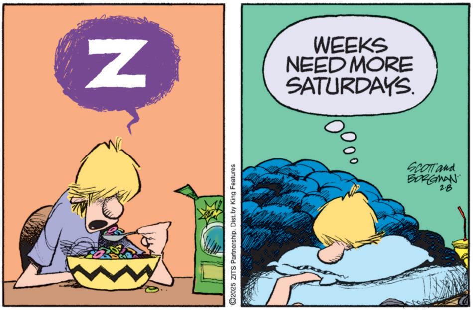 Fictional character OCR: N ©2025 ZITS Partnership. Dist. by King Features WEEKS NEED MORE SATURDAYS. SCOTT and BORGMAN 2.8 N © 2025 ZITS Partnership . Dist . by King Features WEEKS NEED MORE SATURDAYS . SCOTT and BORGMAN 2.8