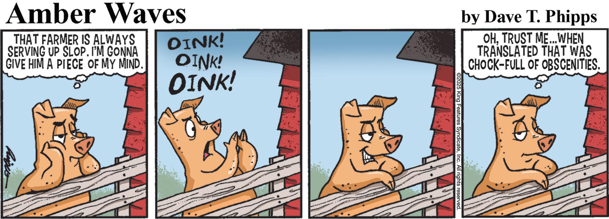 Animated cartoon OCR: Amber Waves THAT FARMER IS ALWAYS SERVING UP SLOP. I'M GONNA GIVE HIM A PIECE OF MY MIND. DINK! OINK! OINK! by Dave T. Phipps OHTRUST ME...WHEN TRANSLATED THAT WAS CHOCK-FULL OF OBSCENITIES. 2025 King Features SyndicateInc. All rights reserved. Amber Waves THAT FARMER IS ALWAYS SERVING UP SLOP . I'M GONNA GIVE HIM A PIECE OF MY MIND . DINK ! OINK ! OINK ! by Dave T. Phipps OHTRUST ME ... WHEN TRANSLATED THAT WAS CHOCK - FULL OF OBSCENITIES . 2025 King Features SyndicateInc. All rights reserved .