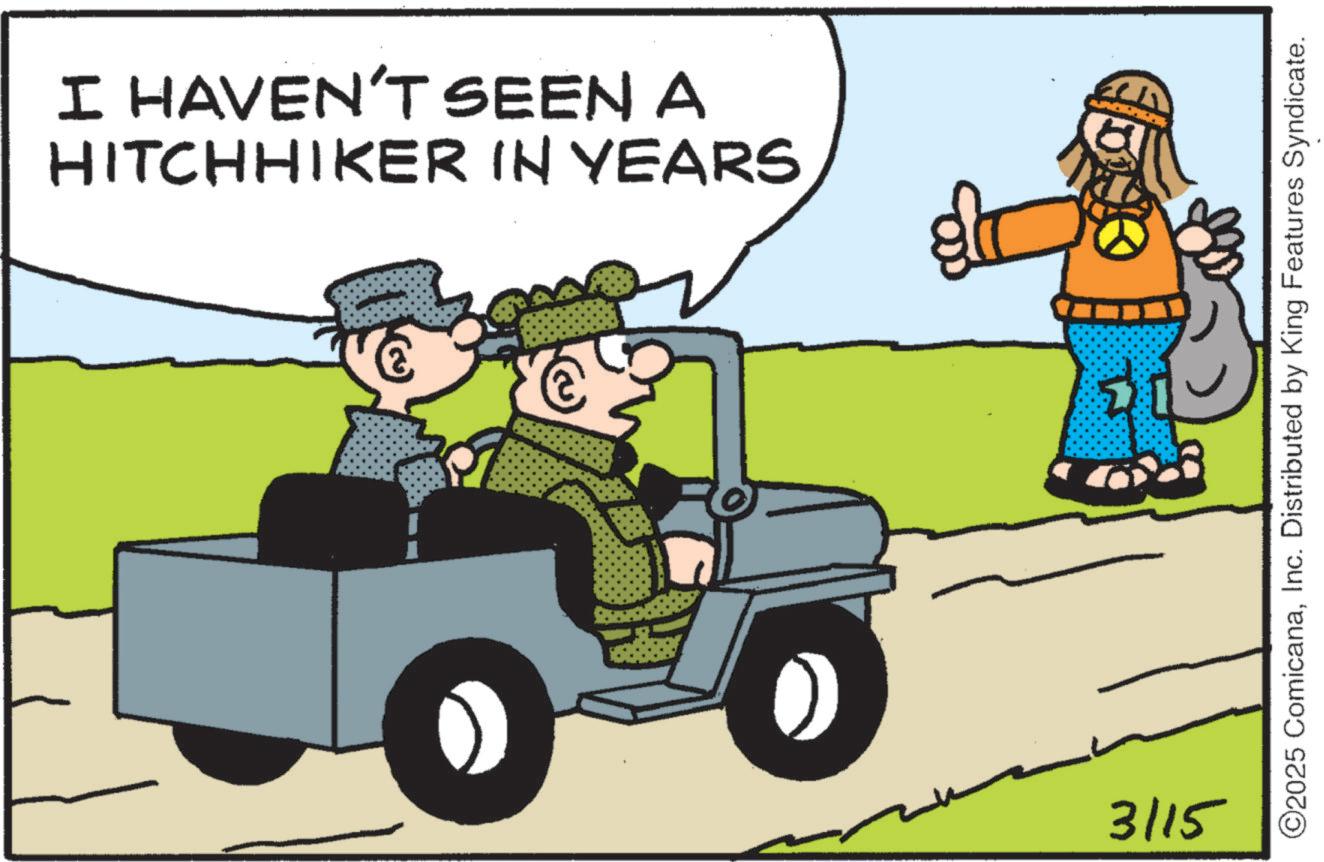 Photo caption OCR: I HAVEN'T SEEN A HITCHHIKER IN YEARS 3115 ©2025 ComicanaInc. Distributed by King Features Syndicate. I HAVEN'T SEEN A HITCHHIKER IN YEARS 3115 © 2025 ComicanaInc. Distributed by King Features Syndicate .