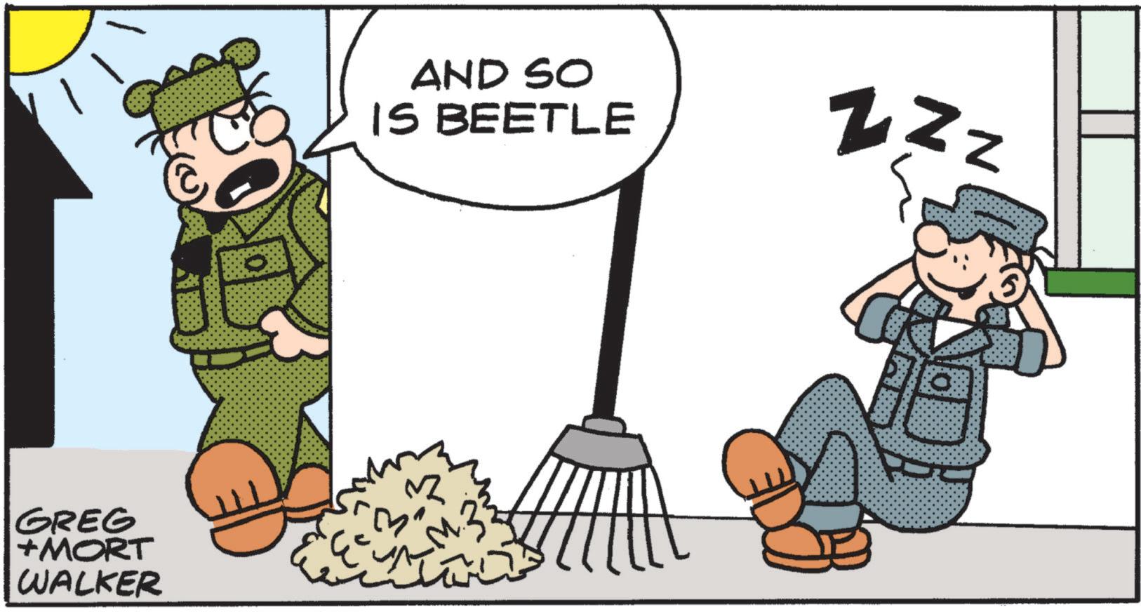 Photo caption OCR: GREG +MORT WALKER ?? AND SO IS BEETLE 33 Zzz GREG + MORT WALKER ?? AND SO IS BEETLE 33 Zzz