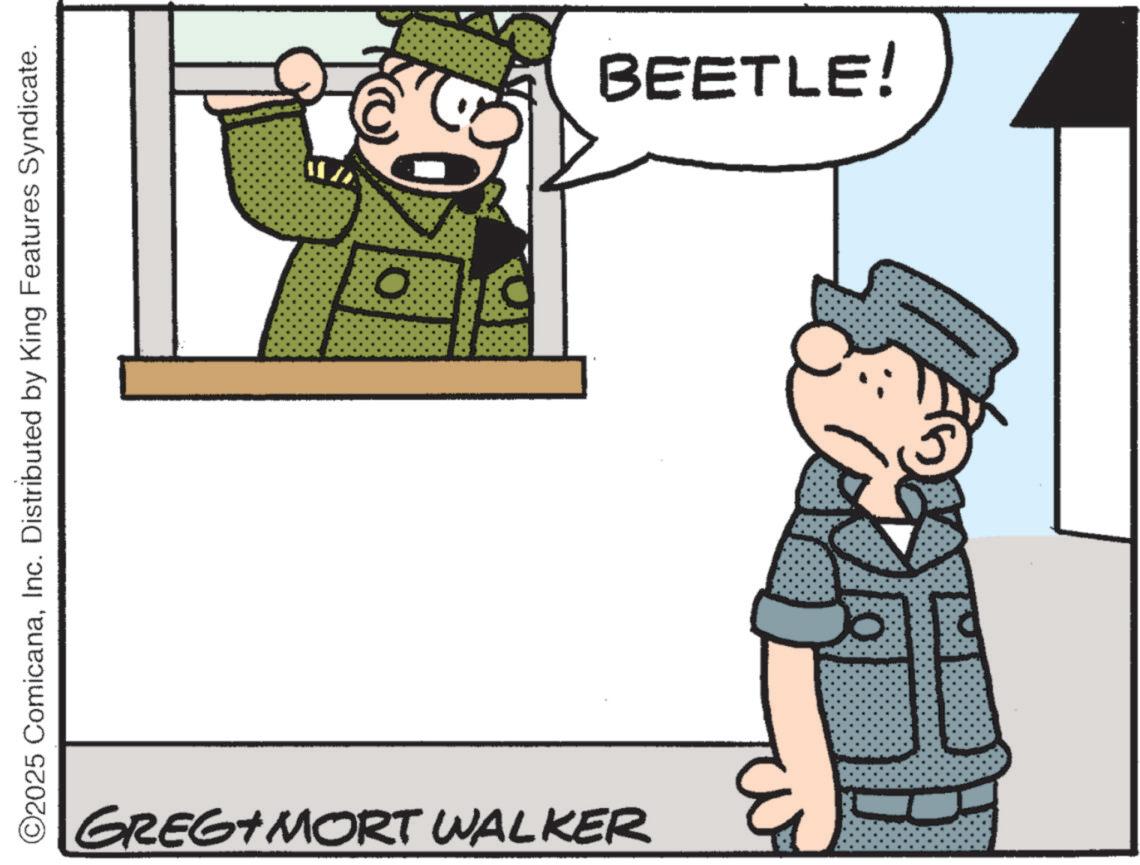 Military uniform OCR: ©2025 ComicanaInc. Distributed by King Features Syndicate. O GREG MORT WALKER BEETLE! © 2025 ComicanaInc. Distributed by King Features Syndicate . O GREG MORT WALKER BEETLE !