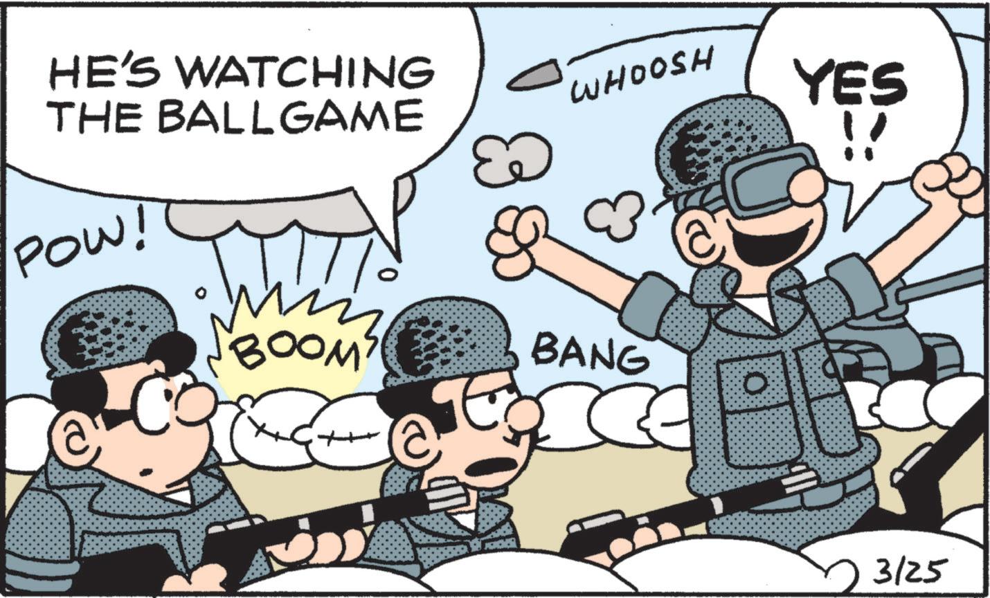 Publication OCR: HE'S WATCHING THE BALLGAME POW! E WHOOSH YES BOOMS & BANG 3/25 HE'S WATCHING THE BALLGAME POW ! E WHOOSH YES BOOMS & BANG 3/25