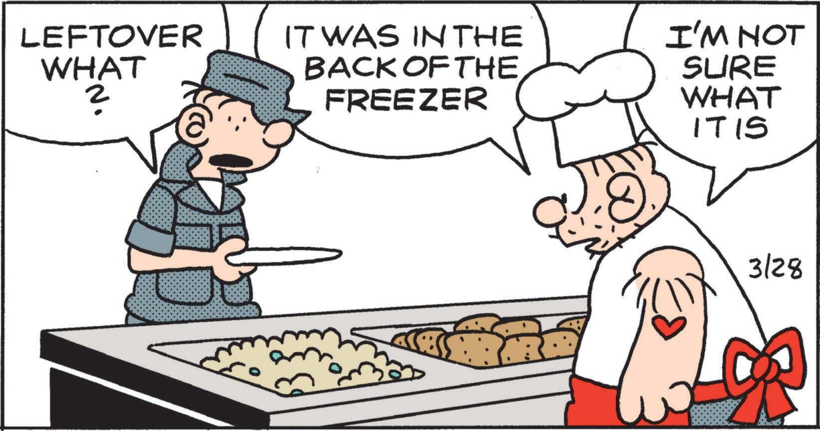 Animated cartoon OCR: LEFTOVER WHAT 2 WHN IT WAS IN THE BACK OF THE FREEZER I'M NOT SURE WHAT ITIS 3/28 LEFTOVER WHAT 2 WHN IT WAS IN THE BACK OF THE FREEZER I'M NOT SURE WHAT ITIS 3/28