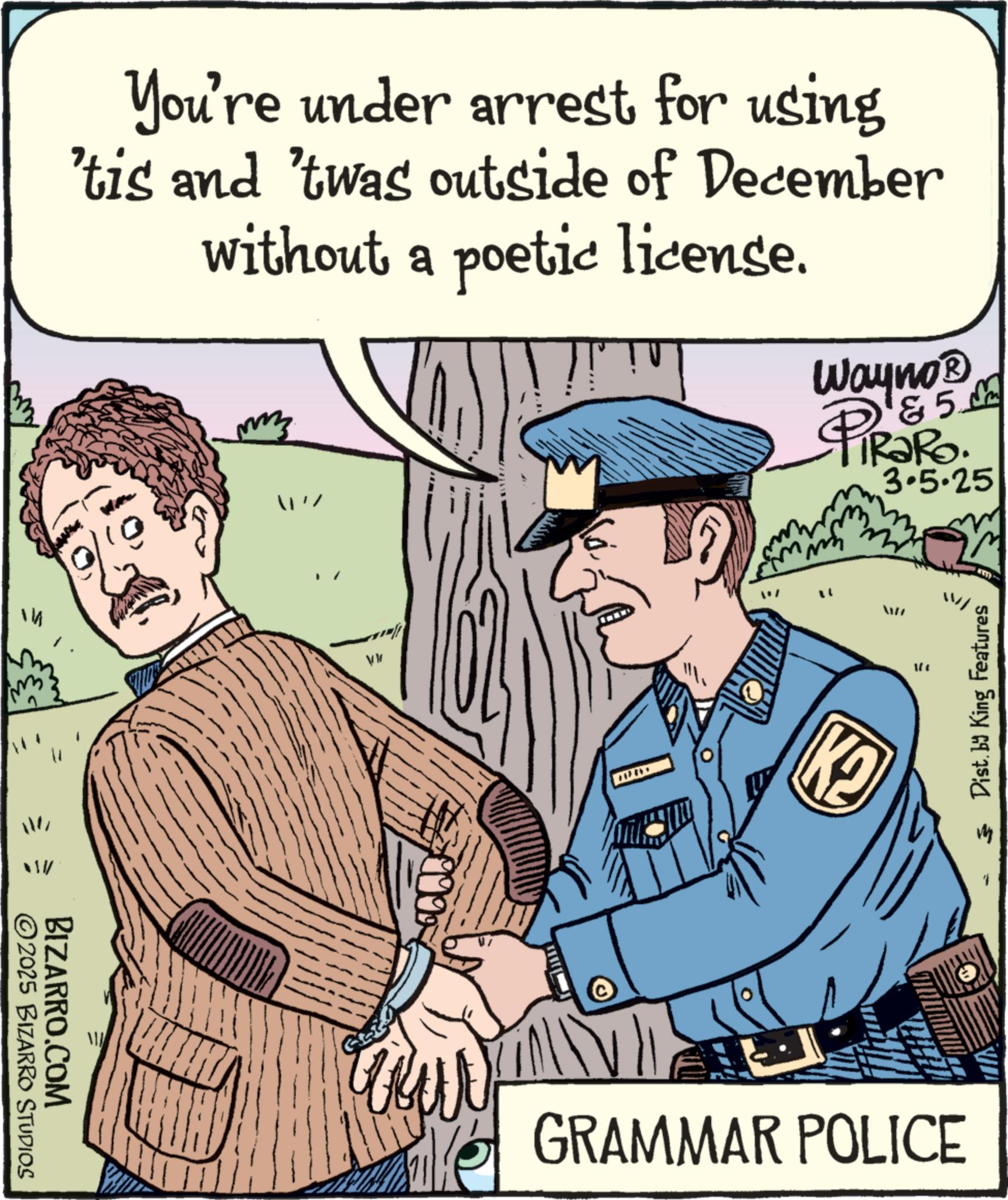Photo caption OCR: m 14 You're under arrest for using 'tis and 'twas outside of December without a poetic license. ? ?! Wayno? &5 3.5.25 PIR?RO. 2025 BIZARRO STUDIOS BIZARRO.COM VI KO 111 GRAMMAR POLICE ? Dist. by King Features m 14 You're under arrest for using ' tis and ' twas outside of December without a poetic license . ? ? ! Wayno? & 5 3.5.25 PIR?RO . 2025 BIZARRO STUDIOS BIZARRO.COM VI KO 111 GRAMMAR POLICE ? Dist . by King Features
