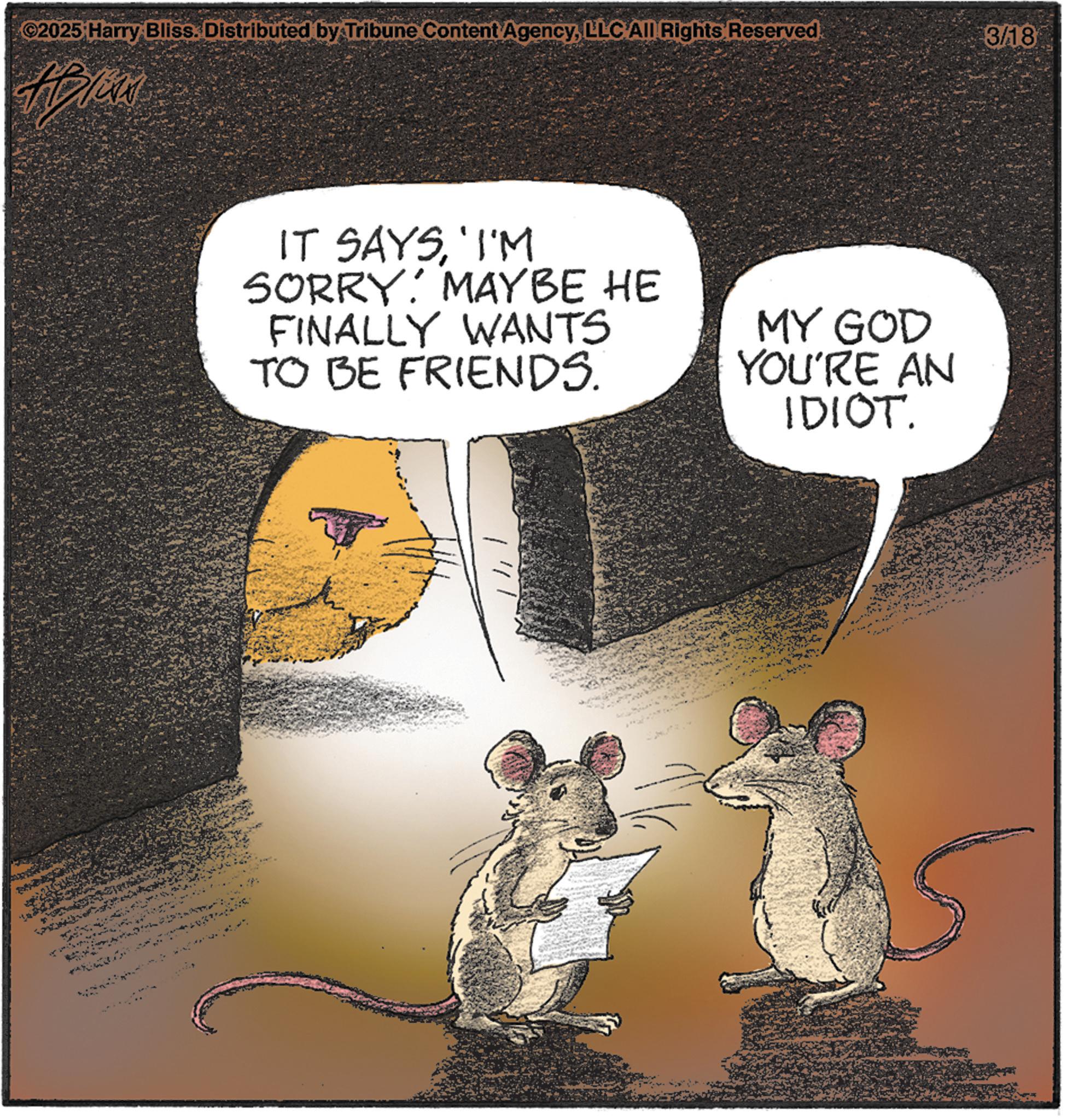 Fiction OCR: ©2025 Harry Bliss. Distributed by Tribune Content AgencyLLC All Rights Reserved IT SAYS'I'M SORRY. MAYBE HE FINALLY WANTS TO BE FRIENDS. MY GOD YOU'RE AN IDIOT. 3/18 © 2025 Harry Bliss . Distributed by Tribune Content AgencyLLC All Rights Reserved IT SAYS' I'M SORRY . MAYBE HE FINALLY WANTS TO BE FRIENDS . MY GOD YOU'RE AN IDIOT . 3/18