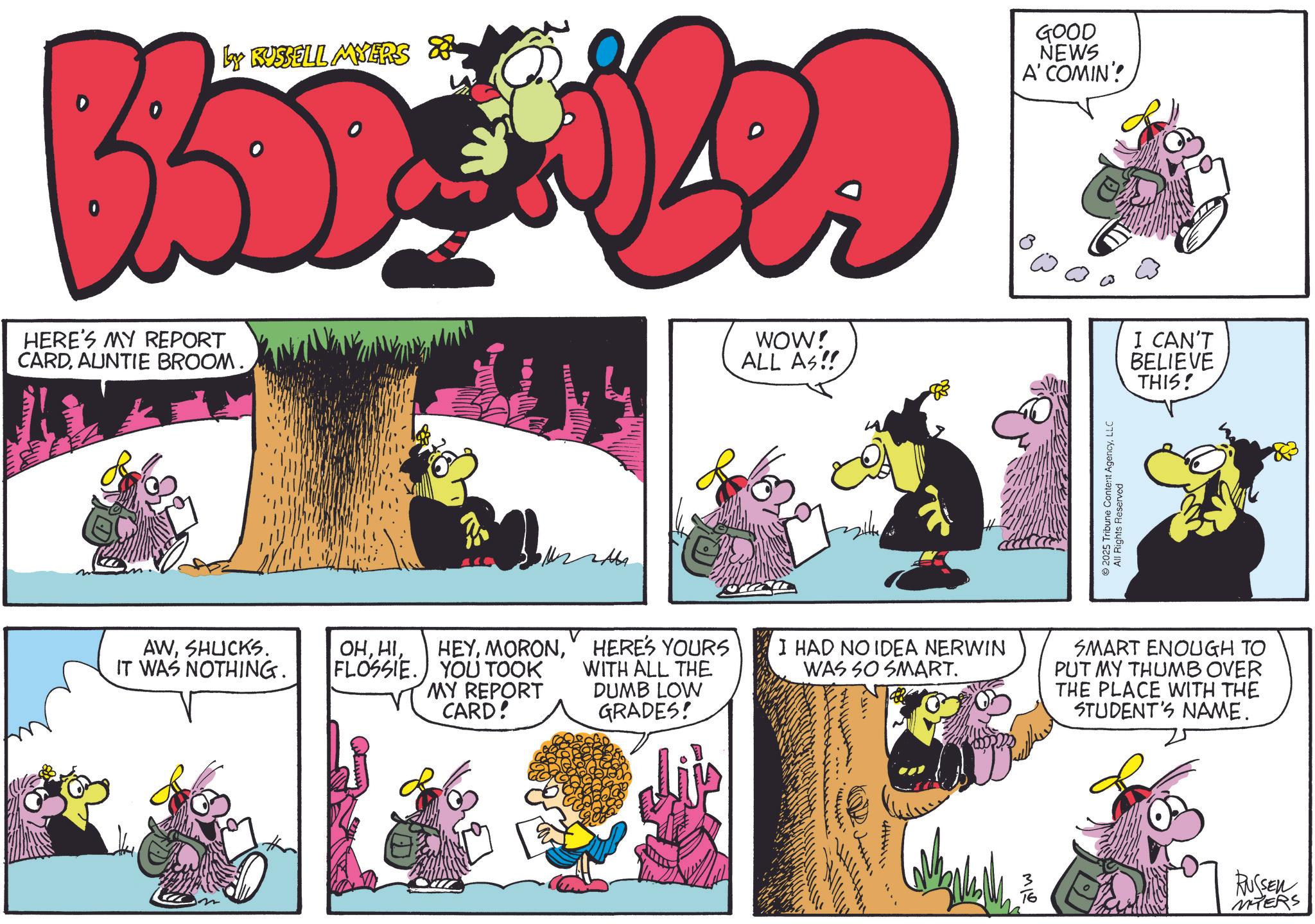 Comic book OCR: HERE'S MY REPORT CARDAUNTIE BROOM. by RUSSELL MYERS & AWSHUCKS. IT WAS NOTHING. OHM WOW! ALL AS!! GOOD NEWS A' COMIN'! 2025 Tribune All Rights Reservent AgencyLLC I CAN'T BELIEVE THIS! HEYFLOSSIE. YOU TOOK MY REPORT CARD! HERE'S YOURS WITH ALL THE DUMB LOW GRADES! Liv I HAD NO IDEA NERWIN WAS SO SMART. SMART ENOUGH TO PUT MY THUMB OVER THE PLACE WITH THE STUDENT'S NAME. alw RUSSEN MYERS HERE'S MY REPORT CARDAUNTIE BROOM . by RUSSELL MYERS & AWSHUCKS . IT WAS NOTHING . OHM WOW ! ALL AS !! GOOD NEWS A ' COMIN ' ! 2025 Tribune All Rights Reservent AgencyLLC I CAN'T BELIEVE THIS ! HEYFLOSSIE . YOU TOOK MY REPORT CARD ! HERE'S YOURS WITH ALL THE DUMB LOW GRADES ! Liv I HAD NO IDEA NERWIN WAS SO SMART . SMART ENOUGH TO PUT MY THUMB OVER THE PLACE WITH THE STUDENT'S NAME . alw RUSSEN MYERS